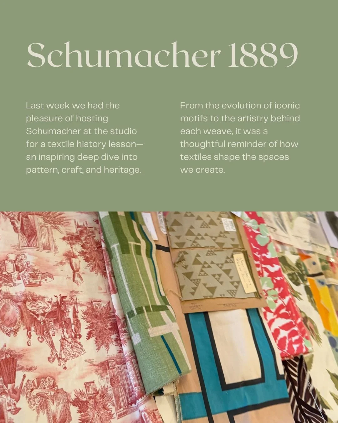 Last week we hosted @schumacher1889 at the studio for a textile history lesson&mdash;an inspiring deep dive into pattern, craft, and heritage. ⁠
⁠
Grateful for the conversation, connection, and shared appreciation for beautiful textiles. ⁠
⁠
A specia