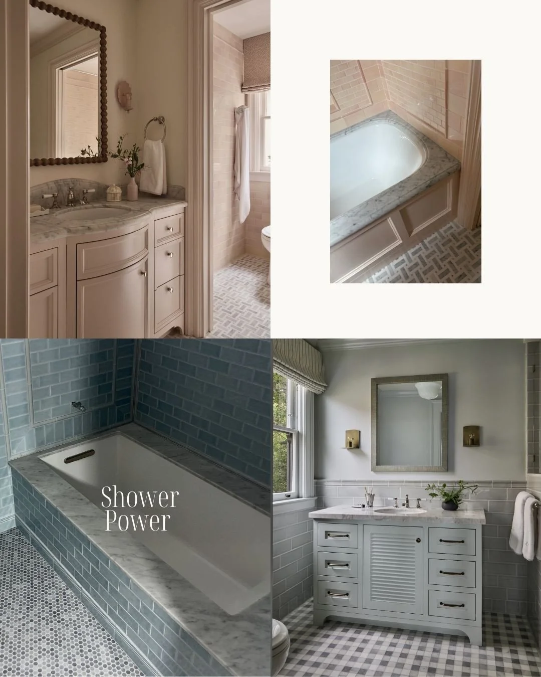 Shower power. 🚿⁠
⁠
Pink for the girls, blue for the boys. ⁠
⁠
A look at a few recently completed bathrooms&mdash;and the tile combinations we can&rsquo;t stop thinking about.⁠
⁠
#mareaclarkinteriors