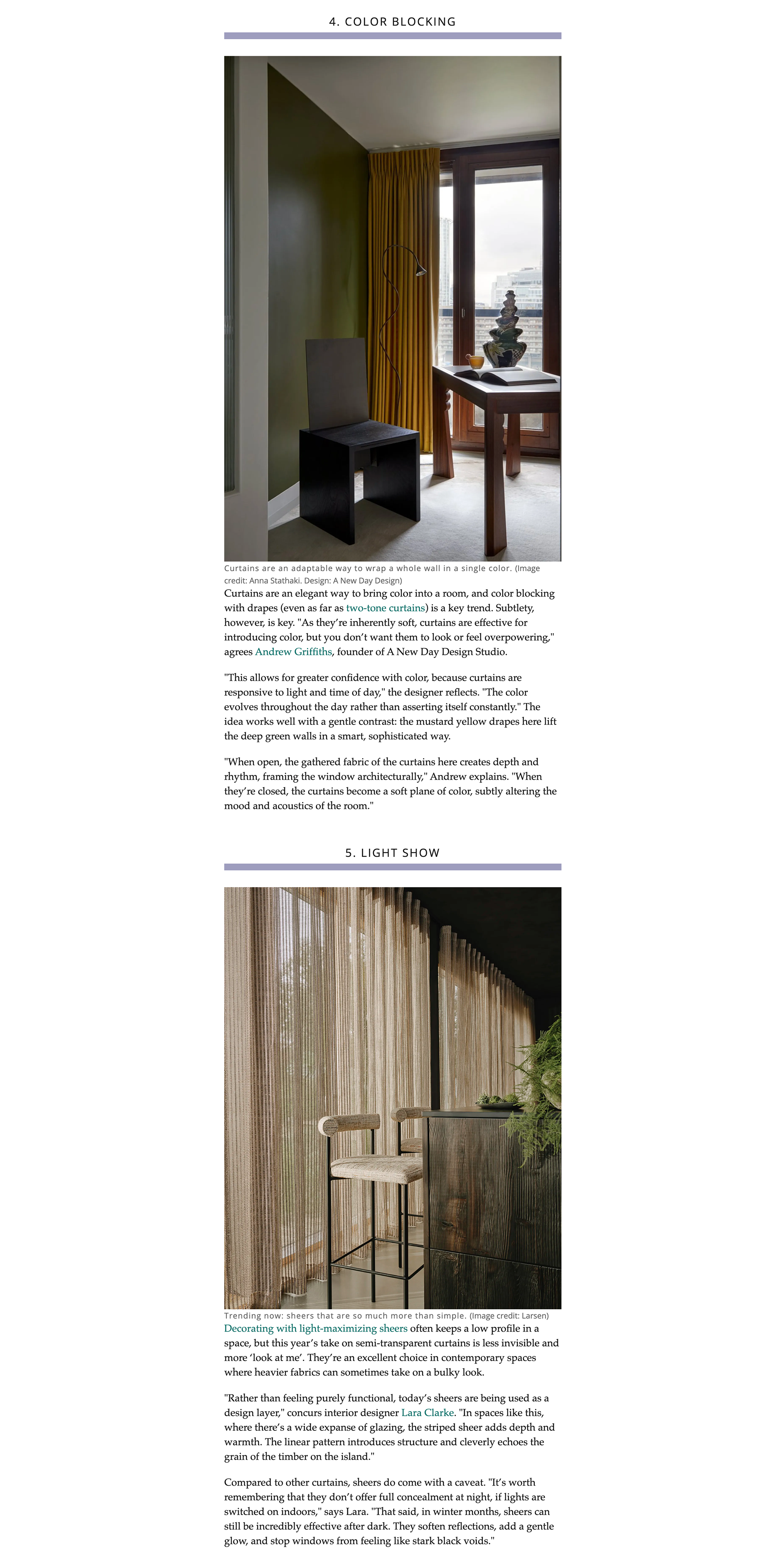 Interior view of a corner room featuring a black chair, a small wooden table with a stack of books and decorative items, a window with yellow curtains, and a tall, modern floor lamp with a curved design. The window provides a view of city buildings outside.