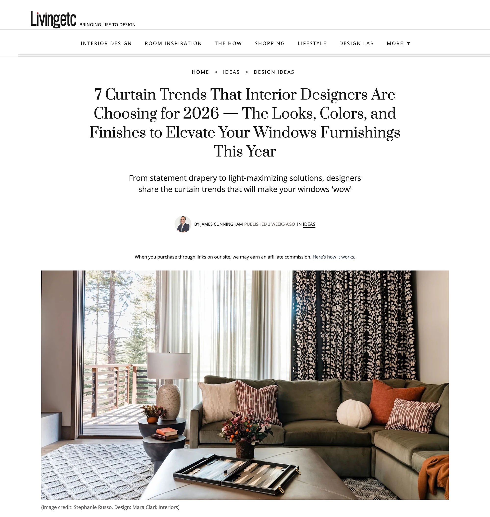 Living room with a large window covered by light sheer curtains and dark patterned blackout curtains, green sectional sofa with multicolored pillows, side table with lamp, coffee table with a paint sample palette, door to balcony, and various decor elements.