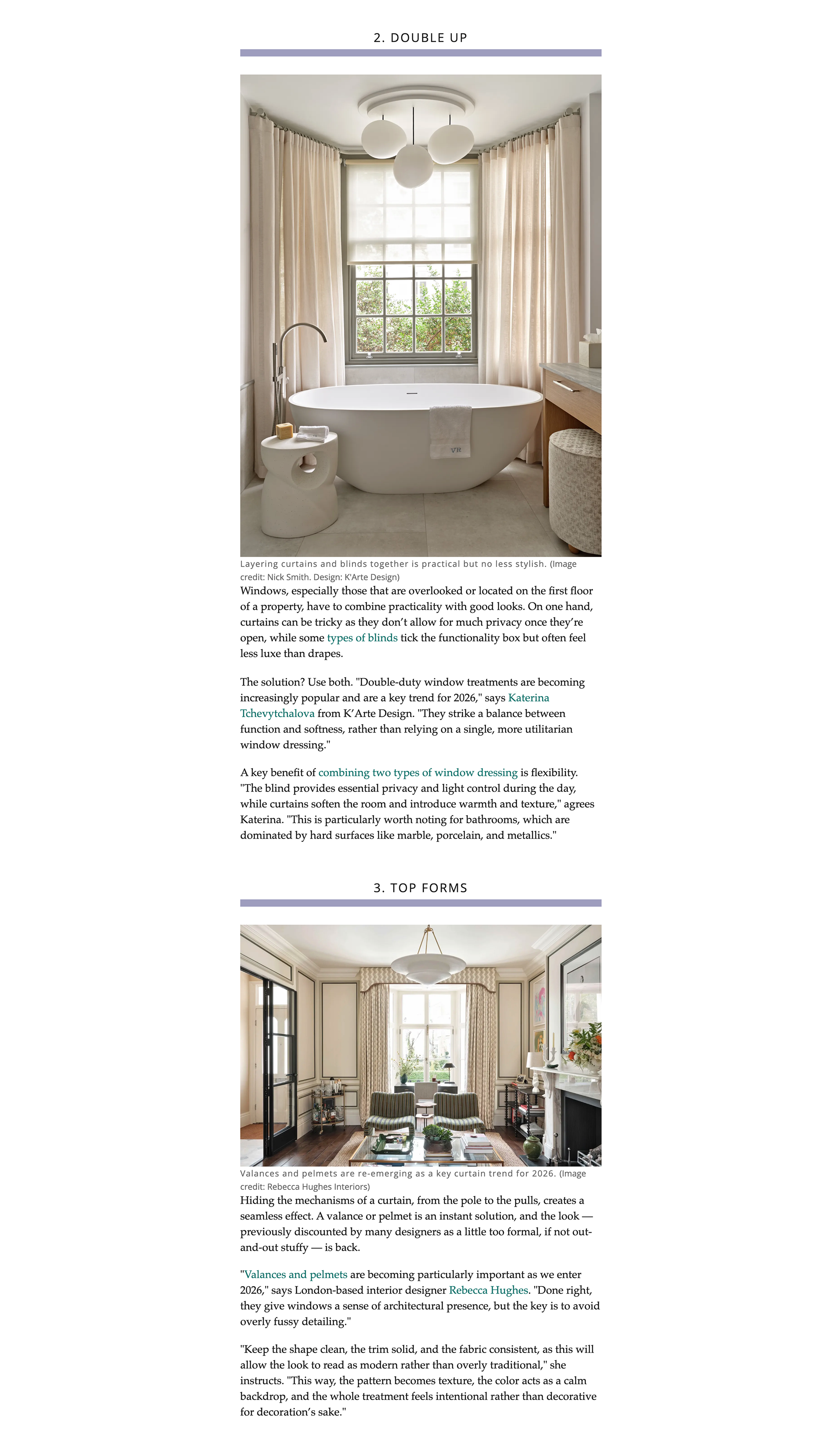 A modern bathroom with a white bathtub, positioned in front of a large window with cream-colored curtains, and decorated with a ceiling light fixture.