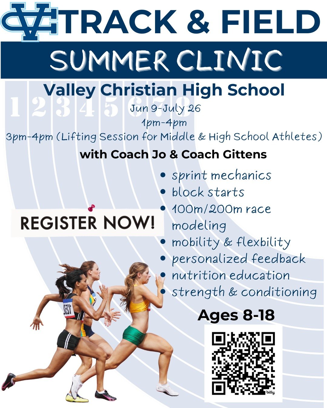 🔥 SPEED. TECHNIQUE. CONFIDENCE. 🔥

This summer, take your sprinting to the next level at the Valley Christian Track &amp; Field Summer Clinic!

Athletes ages 8&ndash;18 will learn:
✅ Sprint mechanics
✅ Block starts
✅ 100m &amp; 200m race modeling
✅