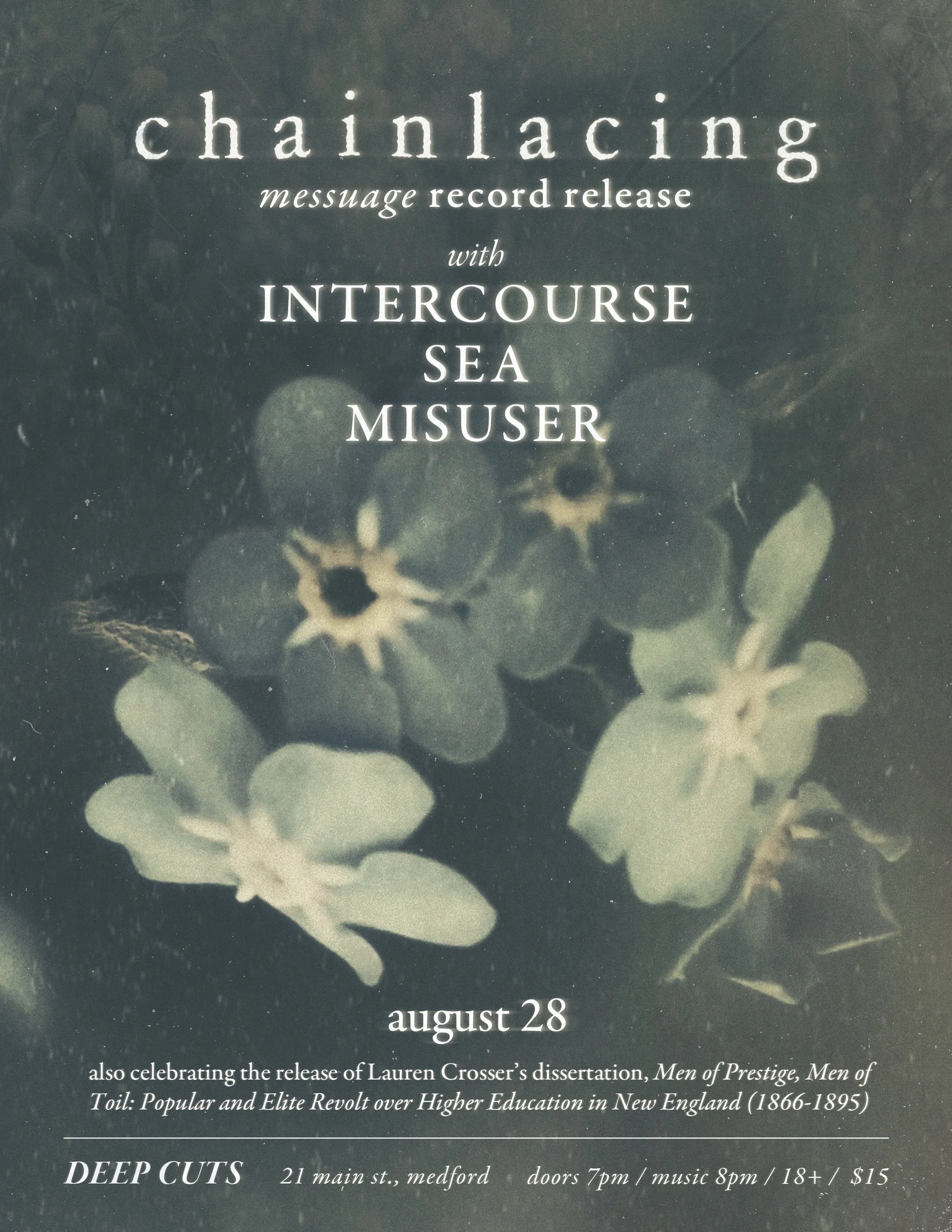 JUST ANNOUNCED. 8/28 CHAINLACING ALBUM RELEASE SHOW | come celebrate the release of our first full-length album, MESSUAGE. AND : Lauren&rsquo;s DISSERTATION which she successfully defended this past May 🙂&zwj;&harr;️ 

we&rsquo;re so honored to play
