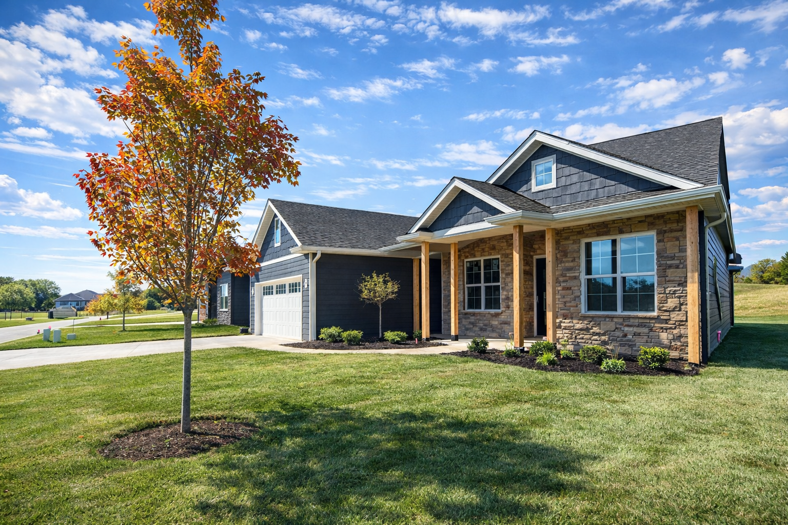 A modern house with a combination of stone and black siding exterior, a two-car garage, a porch with wooden posts, and a landscaped lawn with young trees, under a partly cloudy blue sky.