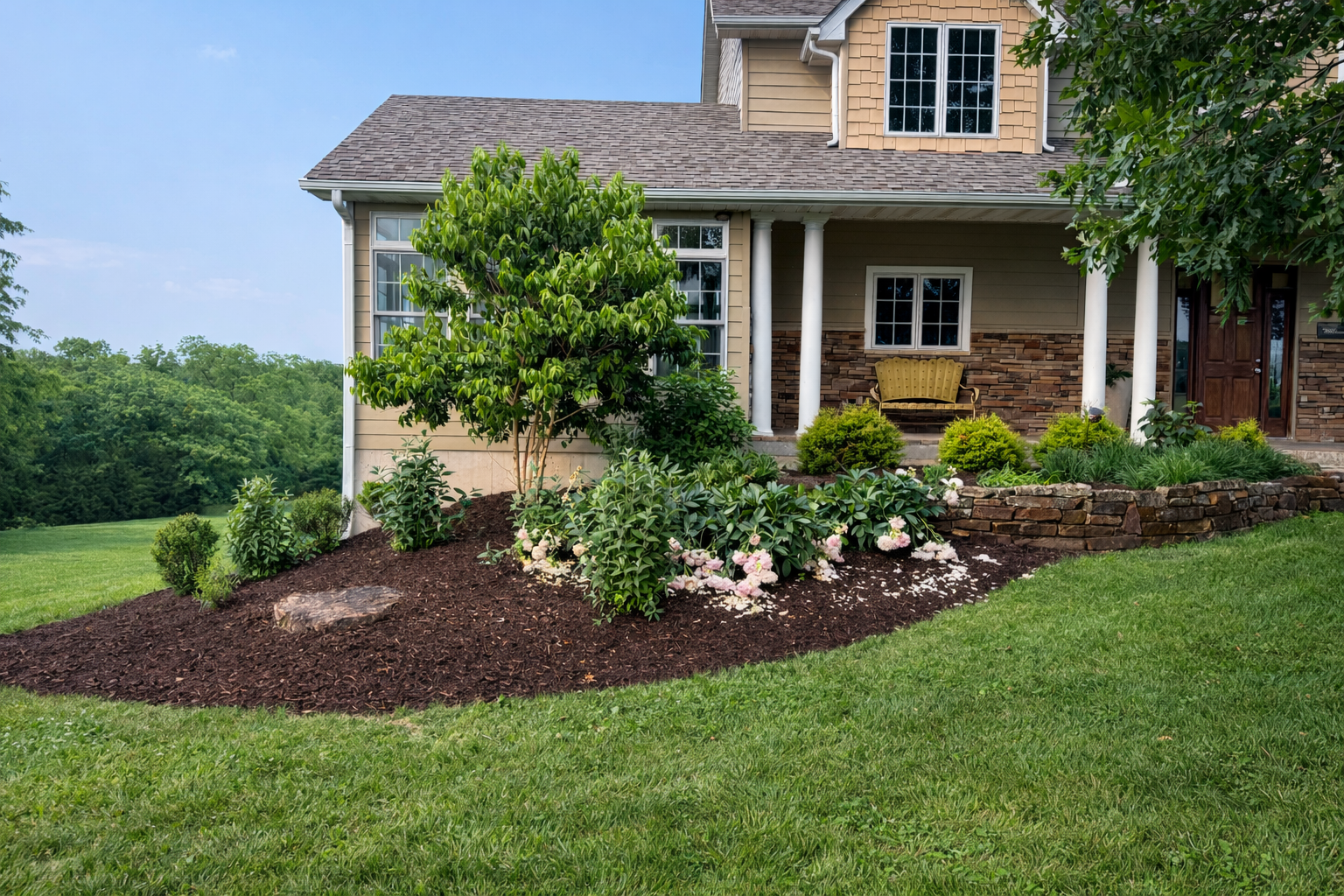 A well-maintained front yard with a landscaped garden featuring various green plants, bushes, and colorful flowers, in front of a house with a porch supported by white columns, a brown door, and a beige exterior with a mix of siding and brick accents