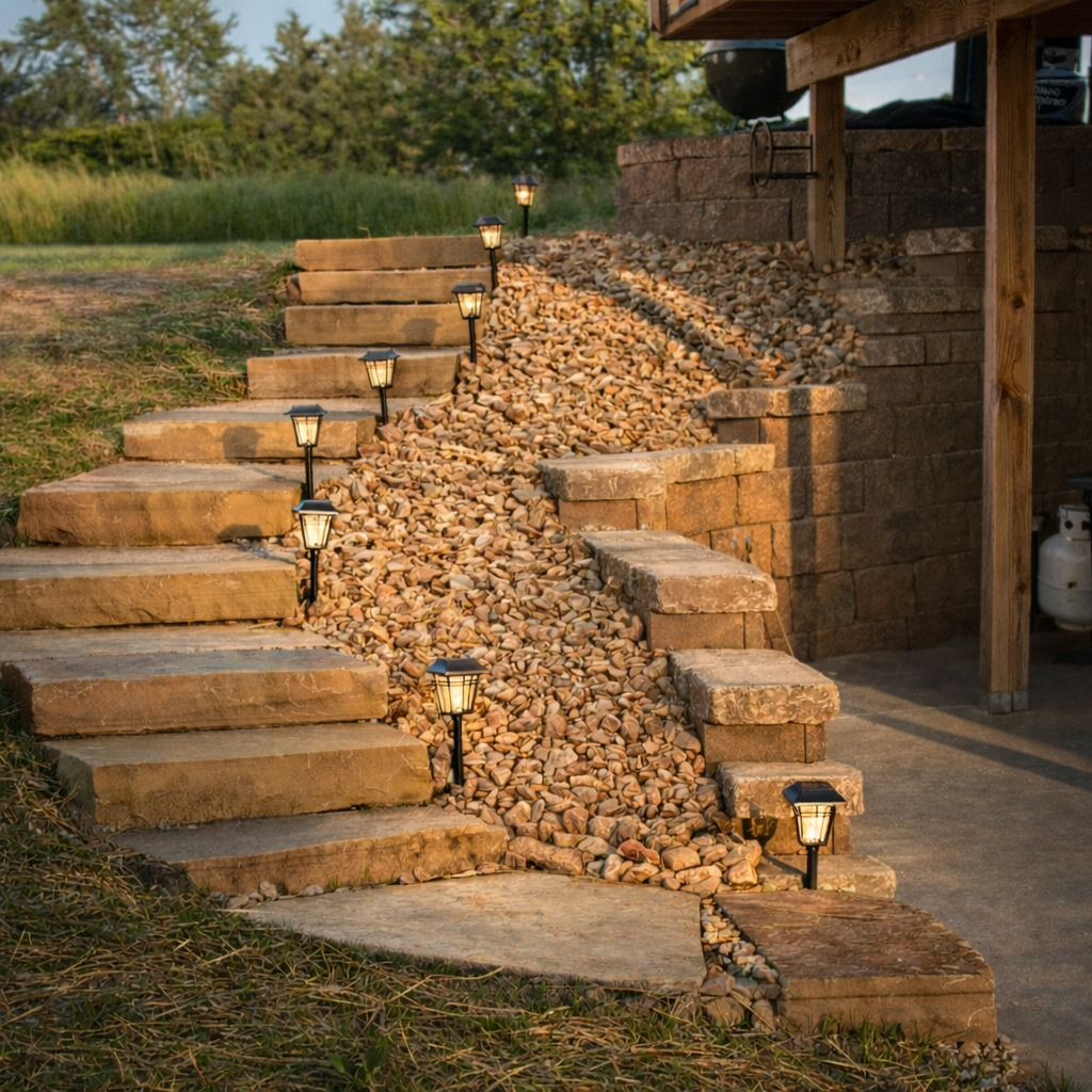 Stone stairway with gravel in between, lit by small outdoor pathway lights, leading up to a raised area next to a building.