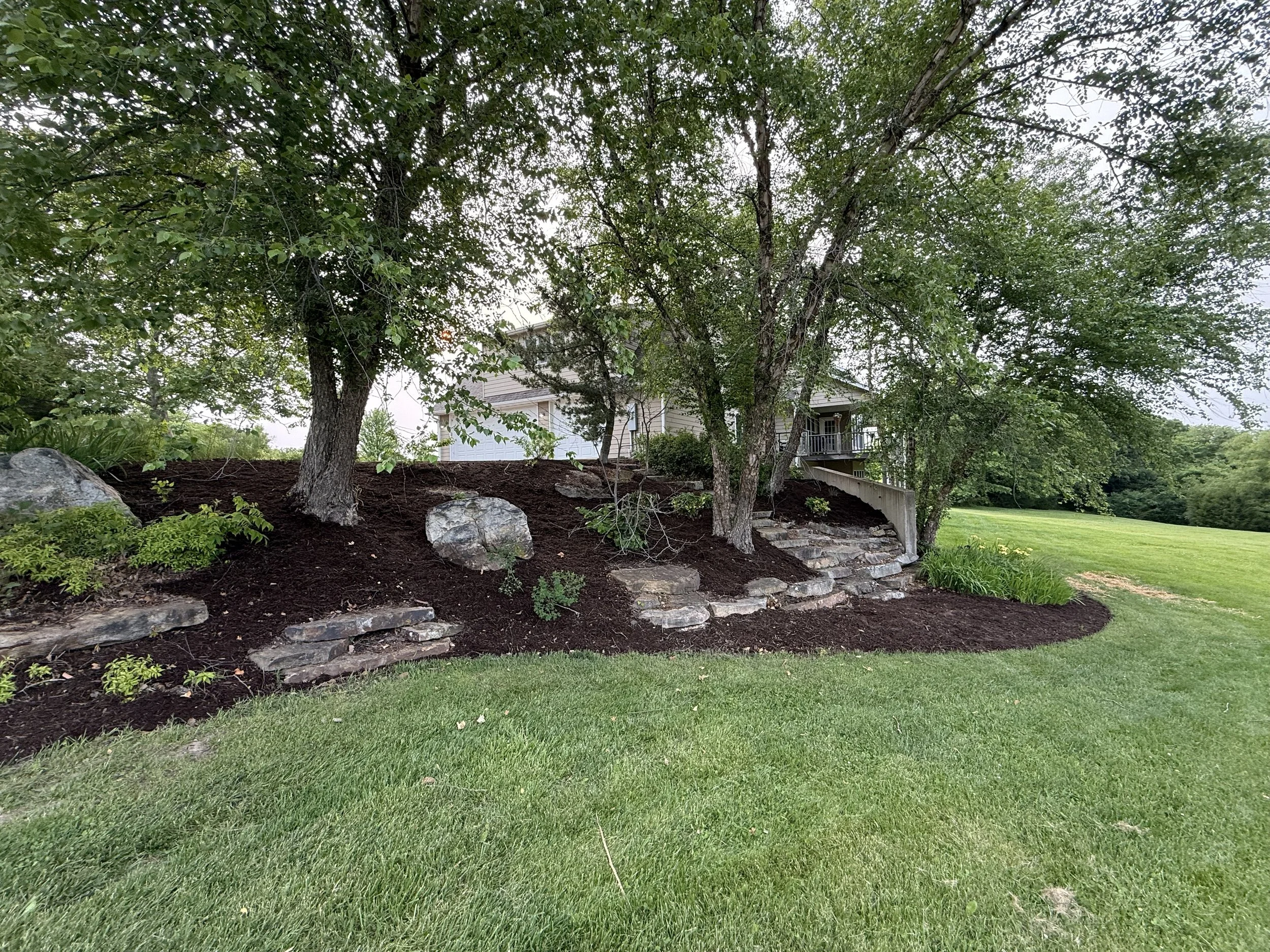 Landscaped backyard with trees, rocks, and mulch around a house, a grassy lawn in the foreground.