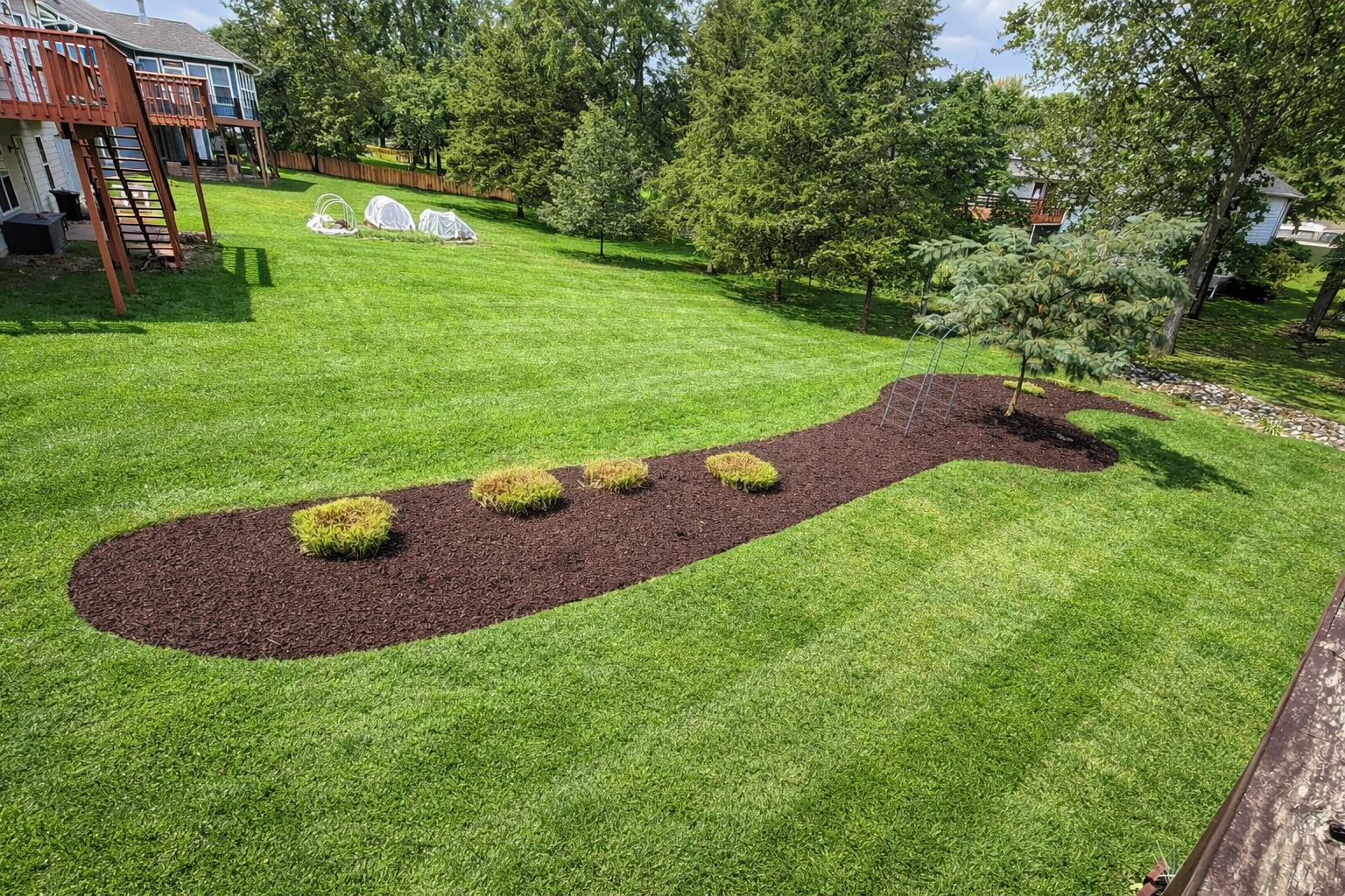 A landscaped backyard with a green lawn, a mulched flower bed with four small bushes, trees, and a wooden deck with stairs on the left side.