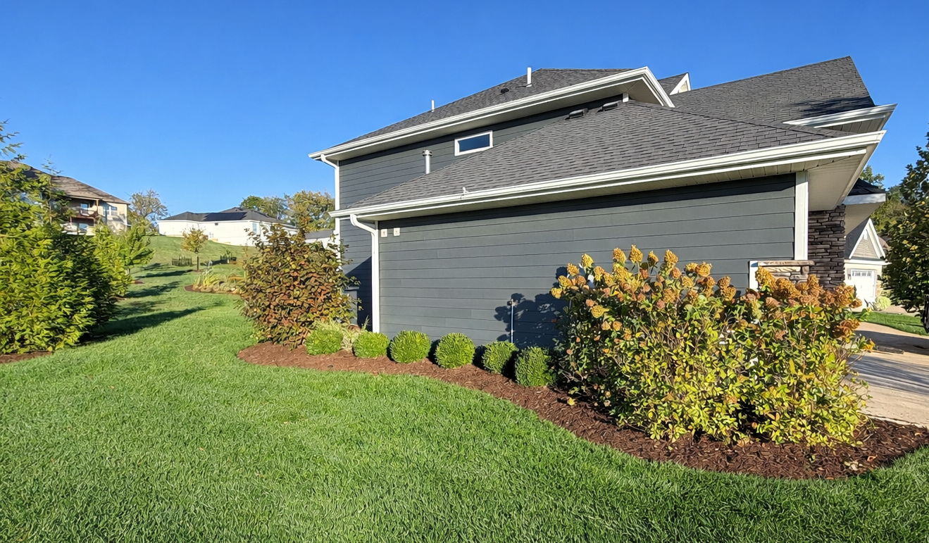Exterior of a blue house with a sloped gray roof, landscaped yard with green grass, bushes, and small trees, under a blue sky.
