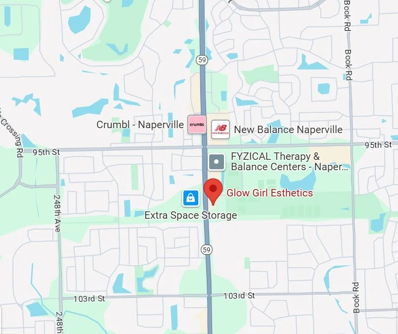 Map of Naperville, Illinois, showing locations including Crumbl, New Balance, FYZICAL Therapy, Glow Girl Esthetics, and Extra Space Storage along Route 59 and nearby streets.