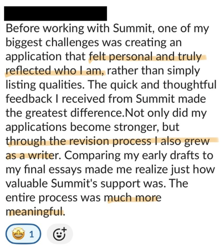 Screenshot of a text passage discussing challenges faced before working with Summit. The author mentions creating a personal application, growing as a writer through the revision process, and finding the experience meaningful. Highlighted words include 'felt personal and truly reflected who I am', 'through the revision process', 'I also grew as a writer', and 'much more meaningful.'