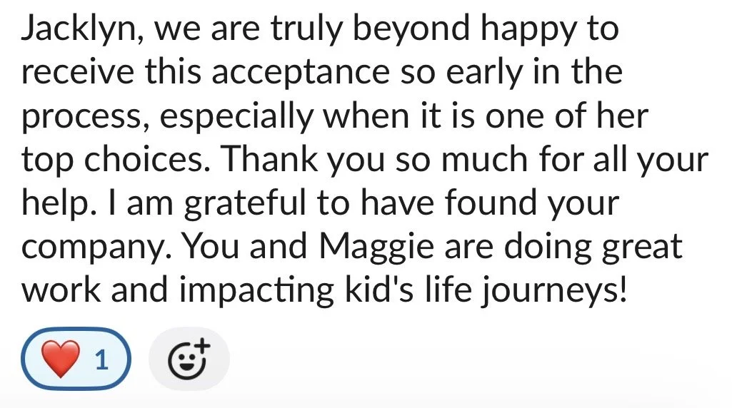 A screenshot of a message expressing gratitude and happiness for early acceptance, mentioning the recipients' positive impact on children's lives, with a love icon and a smiling face icon below.