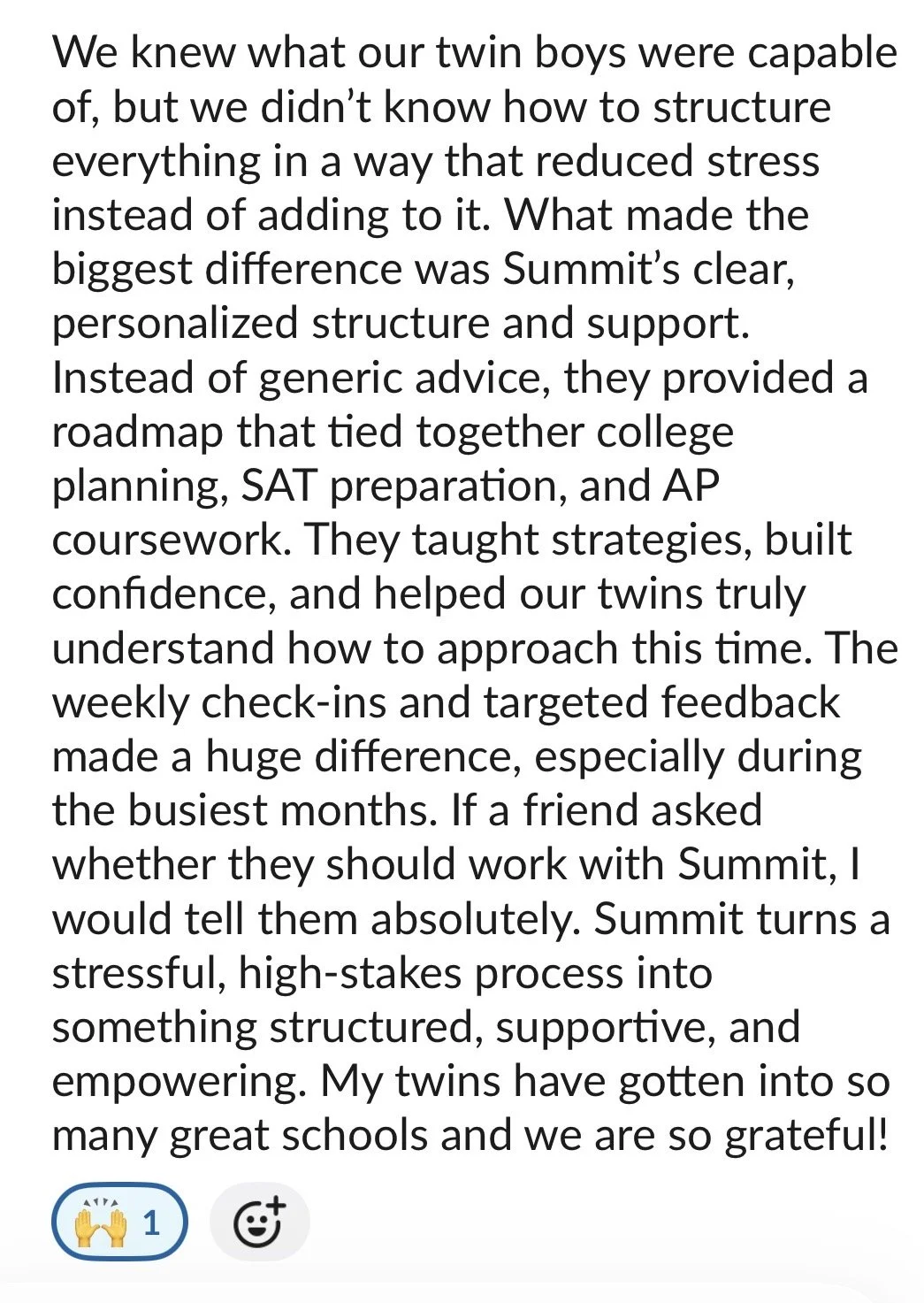 Text about the benefits of personalized support and structure in college planning for twin boys, emphasizing strategies, confidence, and gratitude.
