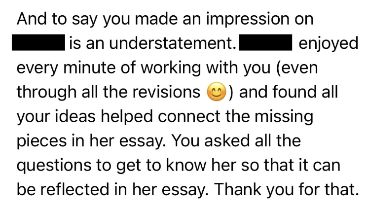 Text excerpt with blacked-out words discussing an essay, revisions, ideas, and gratitude.