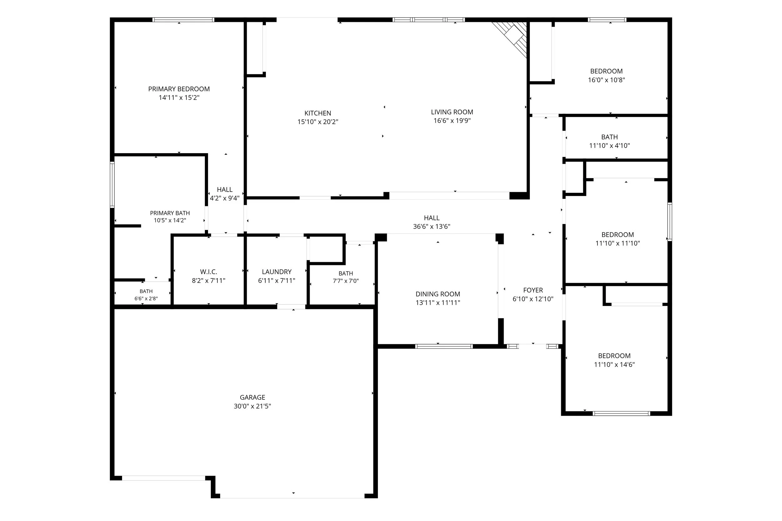 Floor plan of a house layout showing multiple rooms including bedrooms, bathrooms, kitchen, living room, dining room, foyer, laundry room, walk-in closet, and garage with dimensions labeled for each room.