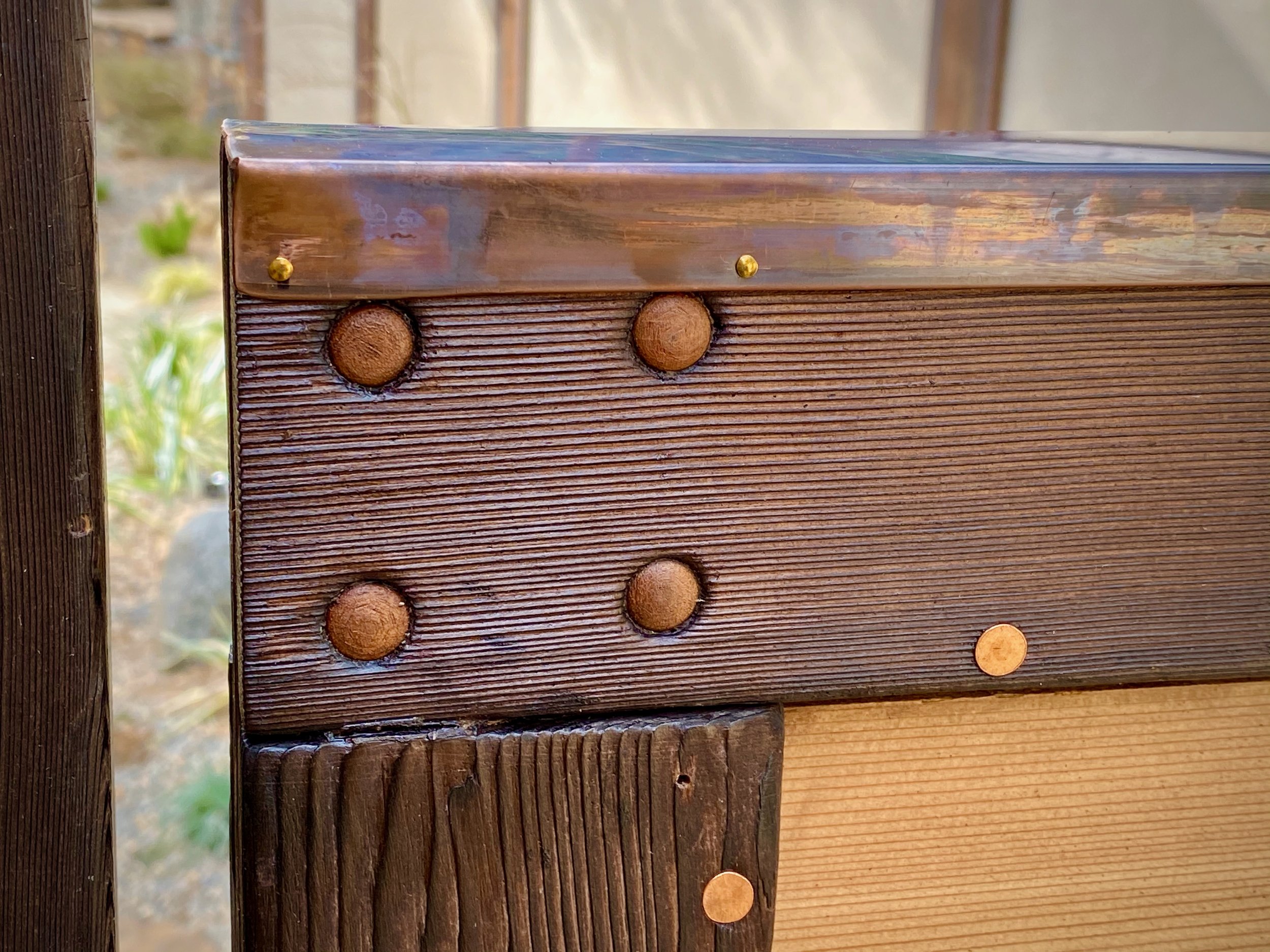Shou Sugi Ban Fence and Gate, Detail:
Red Cedar, Aromatic Cedar, Copper, Bronze