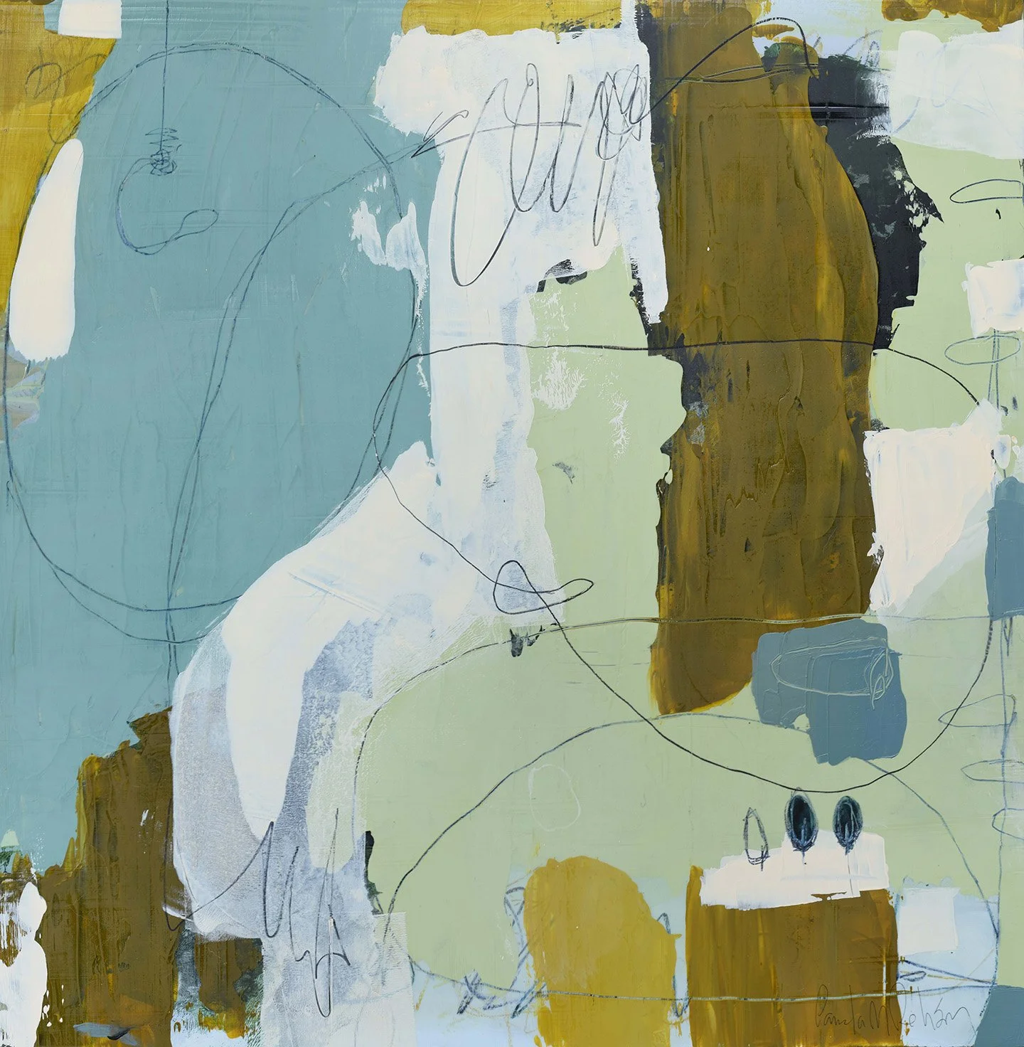 Detail of Wildwood with coastal colors abstract mixed media painting created by Pamela M Roberson