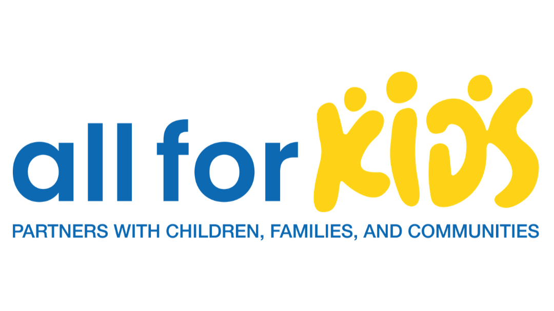 All for Kids logo with blue and yellow text and a tagline about partnering with children, families, and communities.