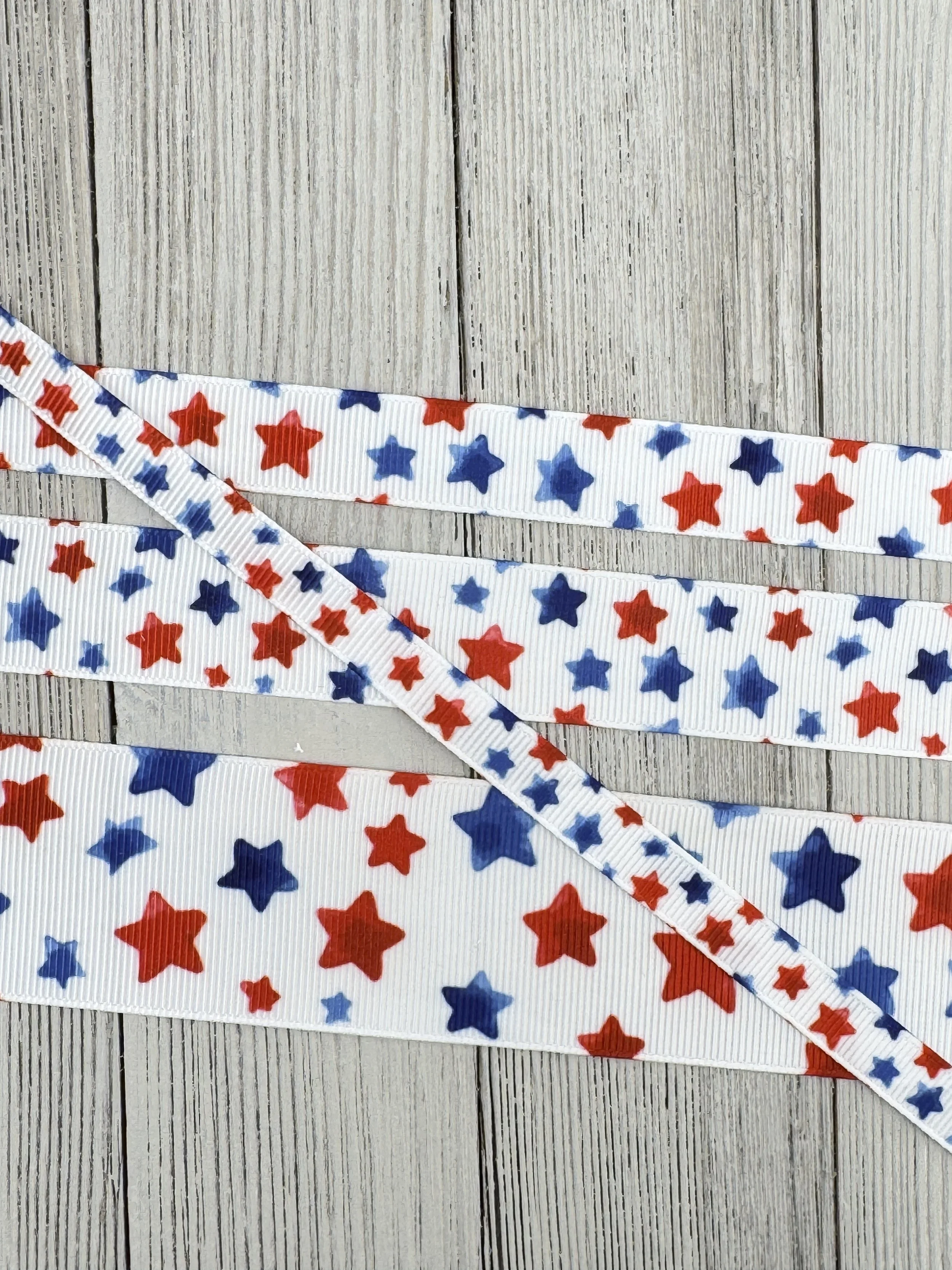 Watercolor Patriotic Stars American Flag Grosgrain Printed Ribbon: 3/8", 5/8", 7/8", 1.5",  Luggage Tag, Hair Bow, Wreath, Dog Collar