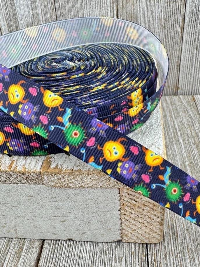 Colorful Cute Monsters On Dark Background Grosgrain Ribbon - 5/8" - Craft Ribbon - Dog Collar - Gift Wrap - Hair Bow - Birthday Decoration