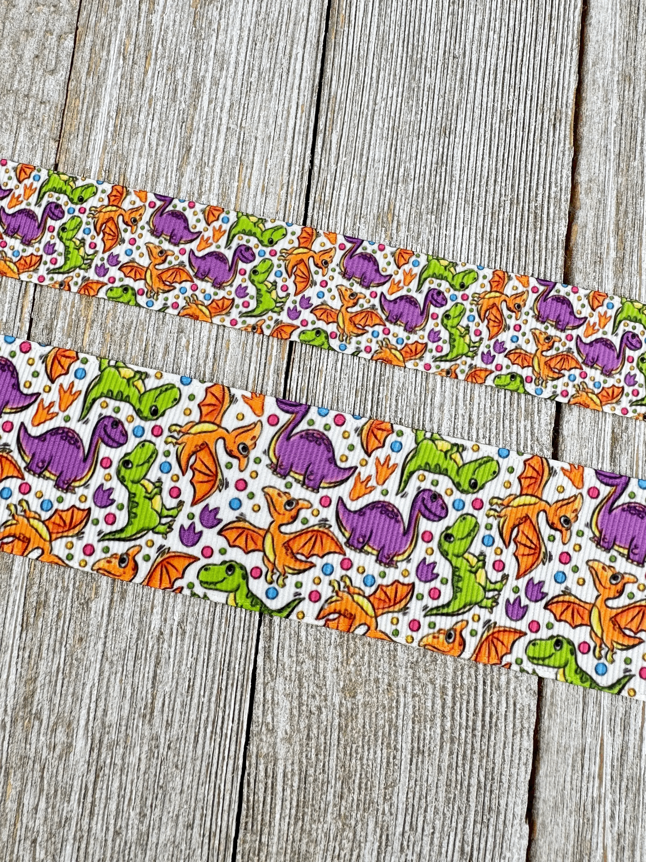 SALE! 5 Yards Bright And Colorful Dinosaur Print Dino Grosgrain Ribbon - 7/8" - 1.5" - Sew - Craft - Decor - Bows - Dog Collar - Nursery