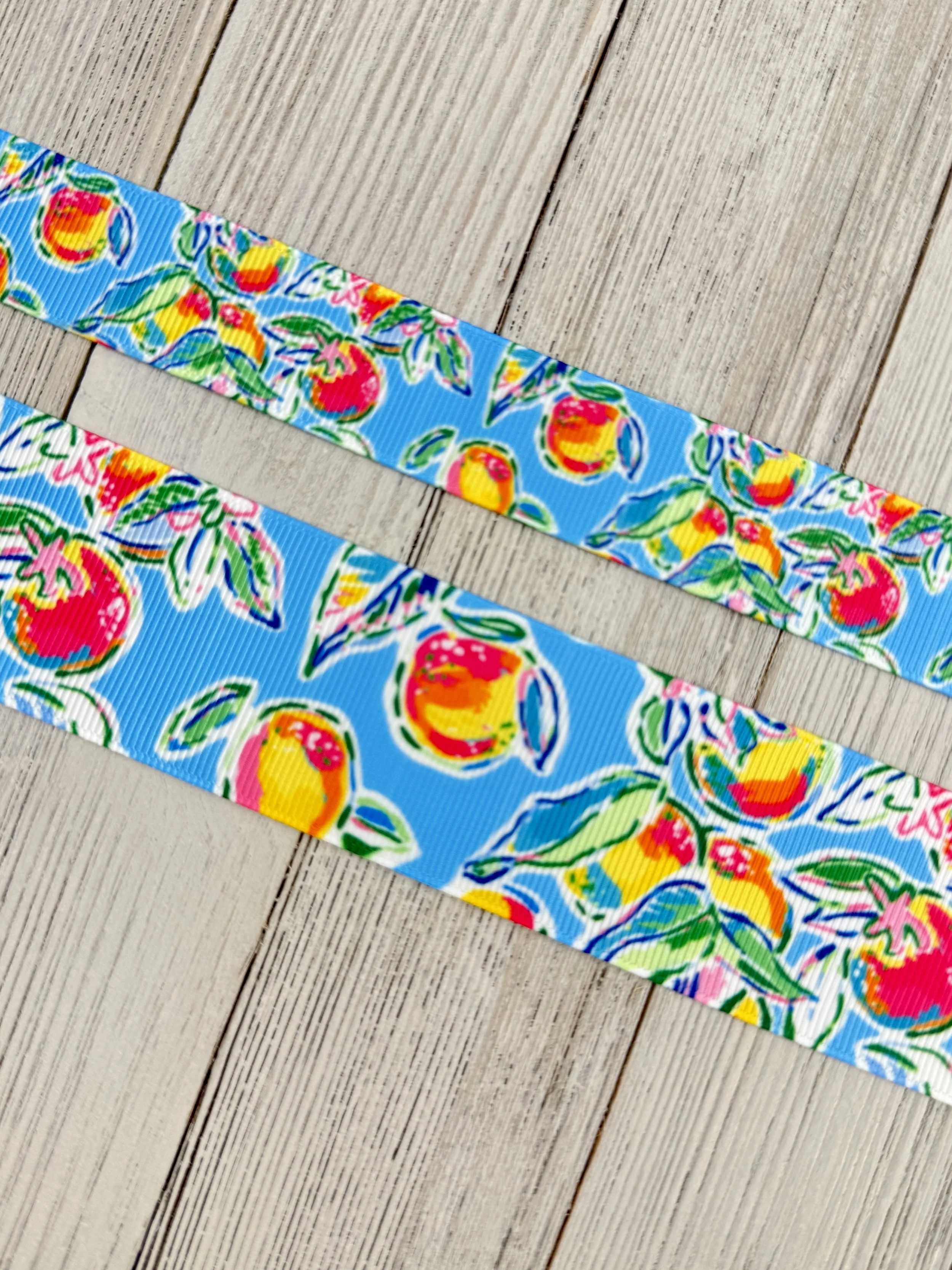 Peaches On Blue Summer Fruit Printed Ribbon: 7/8", 1.5", Peach Pie, Bow, Canning Labels, Jam Jars, Baking Supplies
