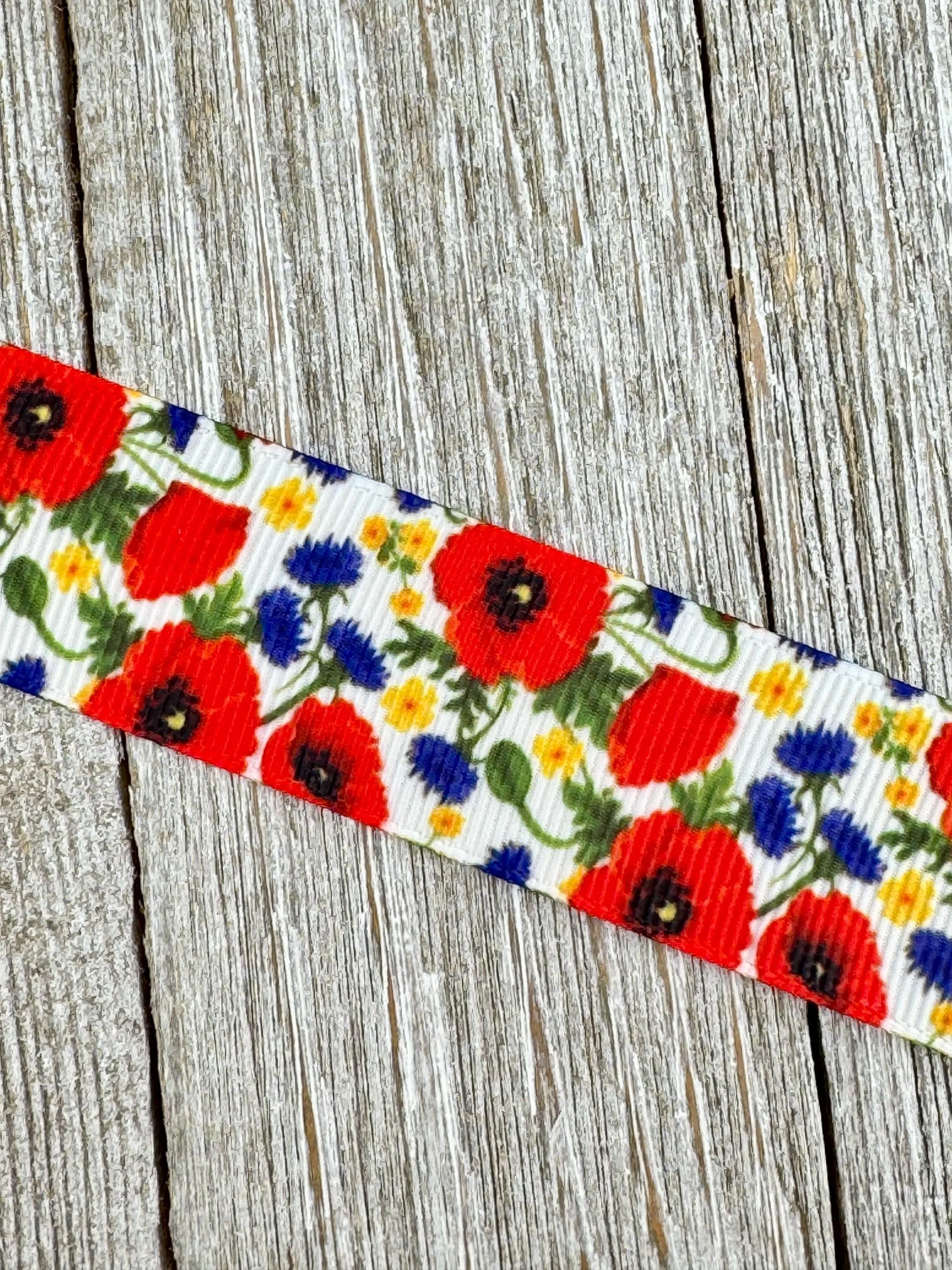 Petite Red Poppy & Blue And Yellow Buds Poppies Printed Grosgrain Ribbon -  1" - Sewing - Crafting - Bows - Decor - Wreath