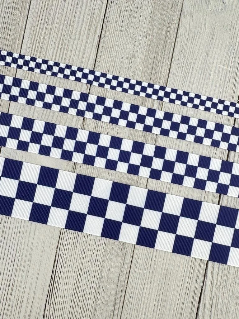 Dark Navy Blue & White Checkered Plaid Checked Grosgrain Printed Ribbon: 3/8" - 5/8" - 7/8" - 1.5", Tag, Gift Wrap, Sports Team, Football