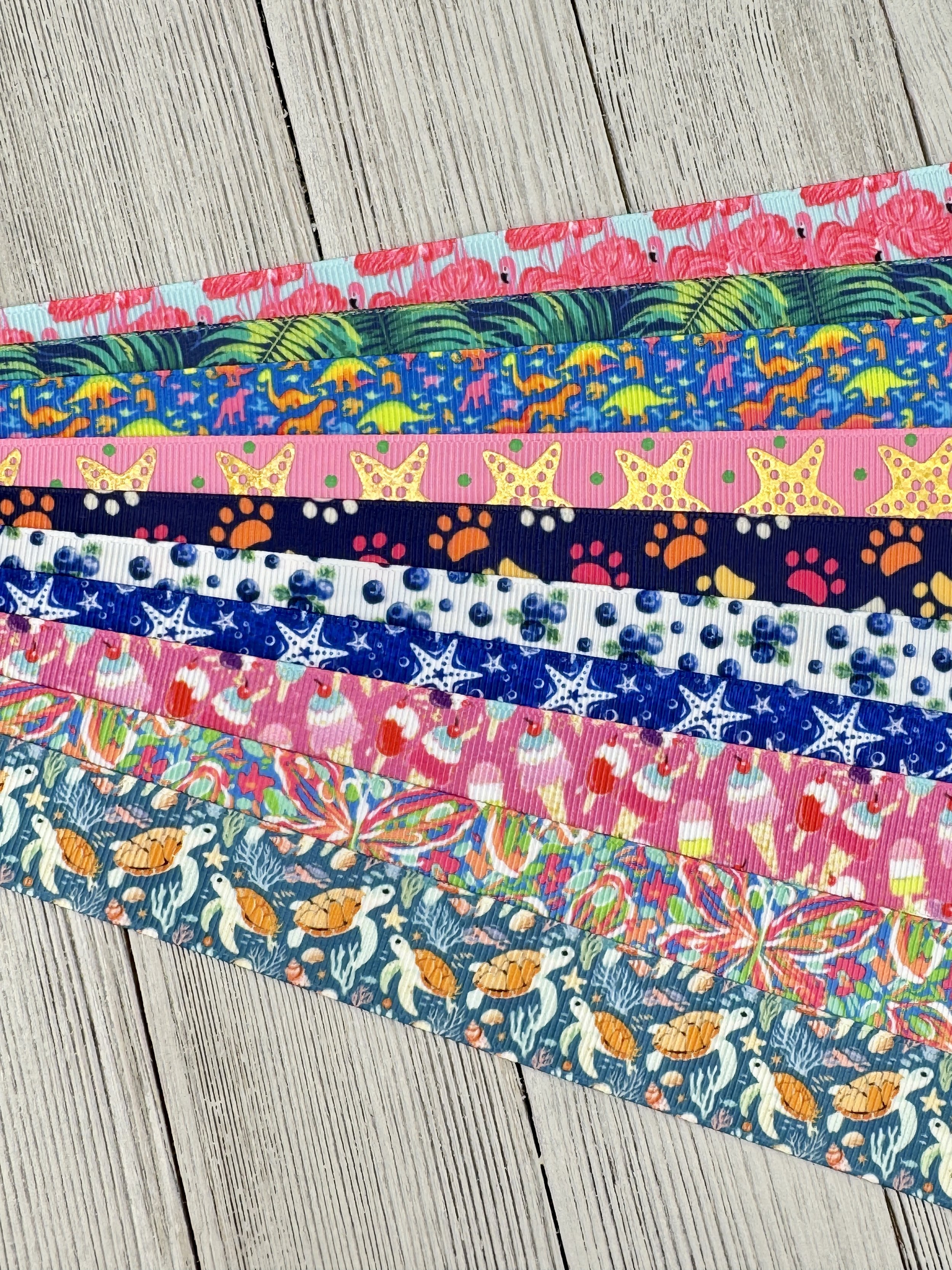 Get Exactly What You See! 10 - 1-Yard Cuts of 7/8" Summer Fun, Fruit, Animal Print Assorted Grosgrain Ribbon - Luggage Tag - Craft - Collars