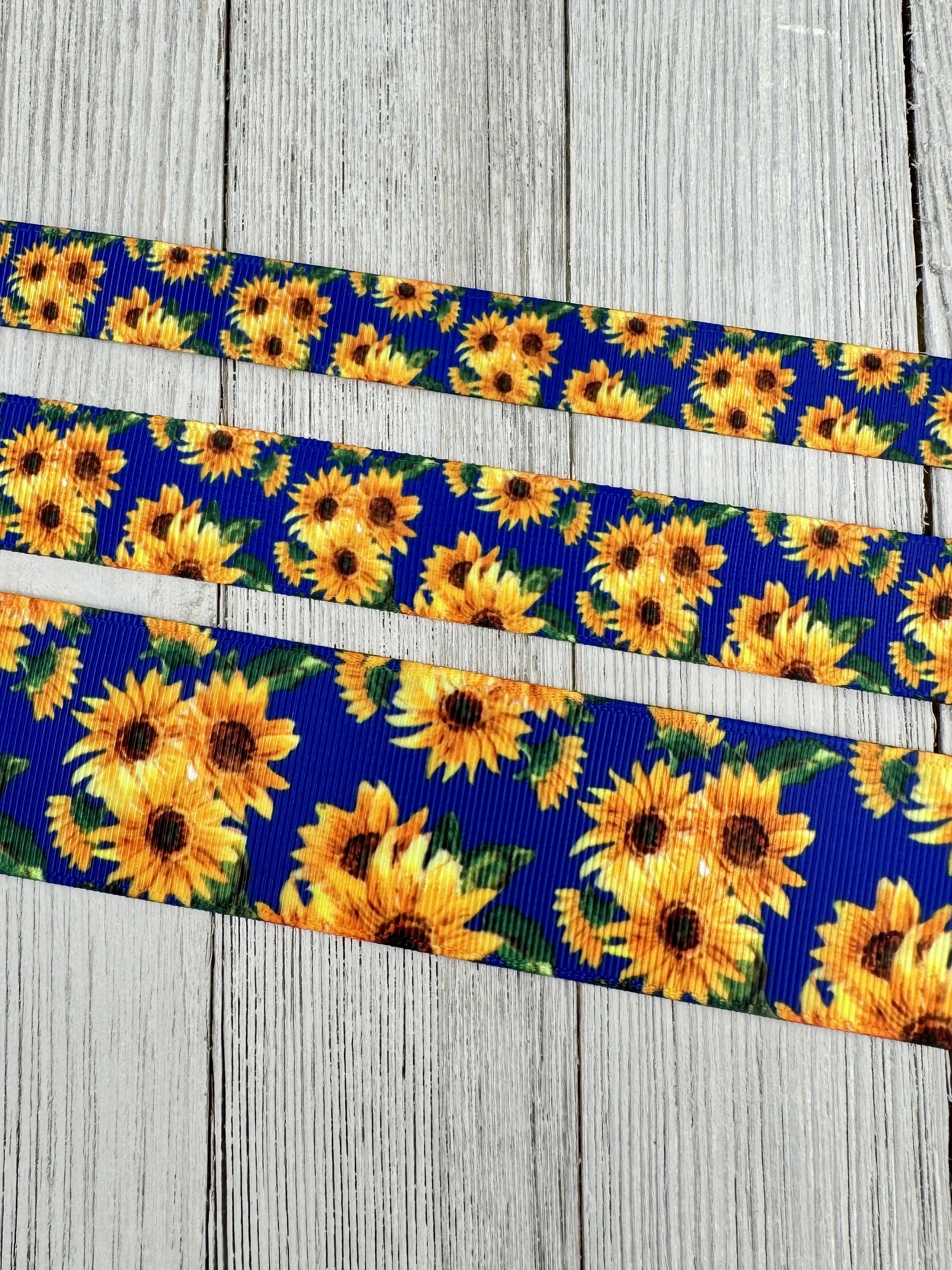 Sunflowers on Cobalt Blue Background Printed Grosgrain Ribbon:  5/8” - 7/8" - 1.5" - Sewing - Craft - Decor - Bow - Wreaths - Shower