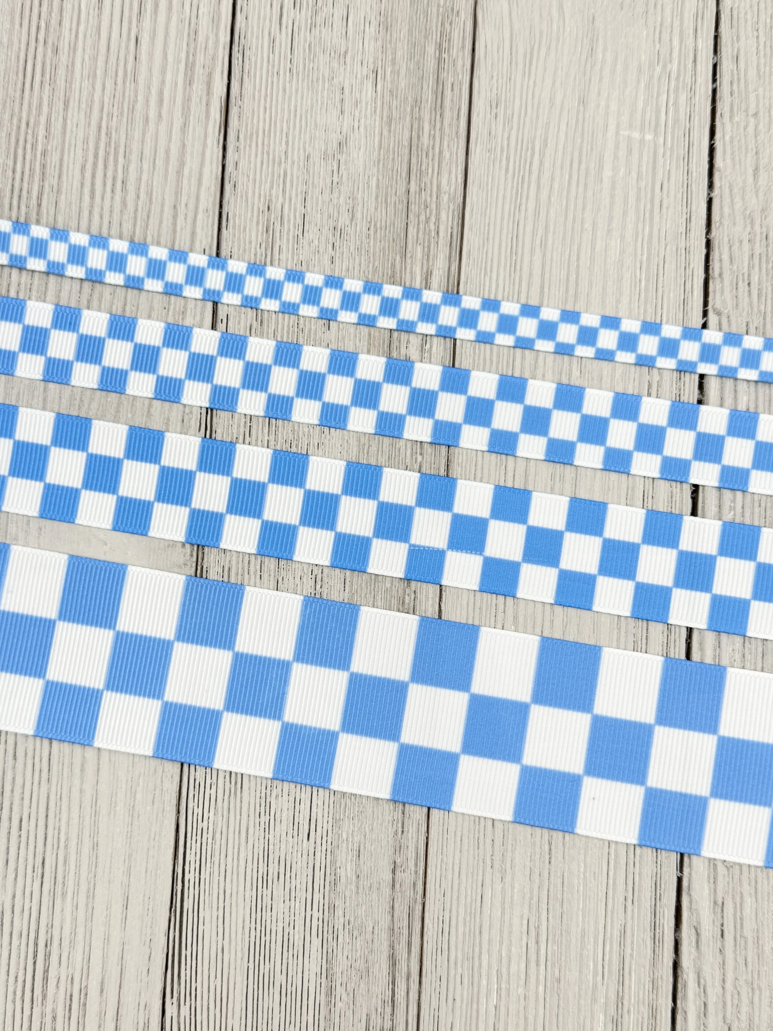 Medium Blue & White Checkered Plaid Checked Grosgrain Printed Ribbon: 3/8" - 5/8" - 7/8" - 1.5”, Tag, Gift Wrap, Sports Team, Football