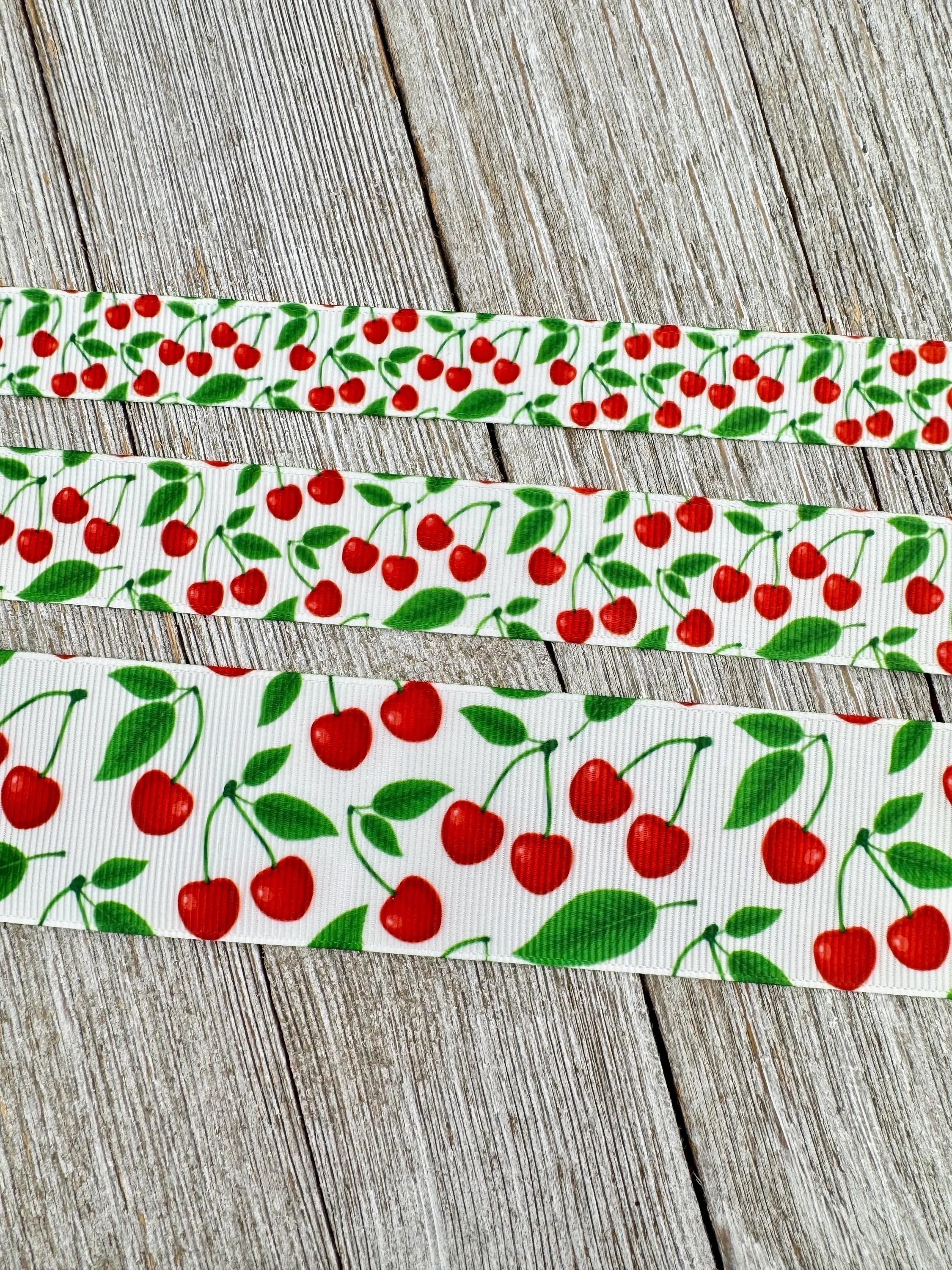 Red Cherries Printed & White Background Grosgrain Ribbon - 5/8" - 7/8" - 1.5" - Craft - Bake Label - Hair Bow - Gift Wrap - Tag - Cherry Pie
