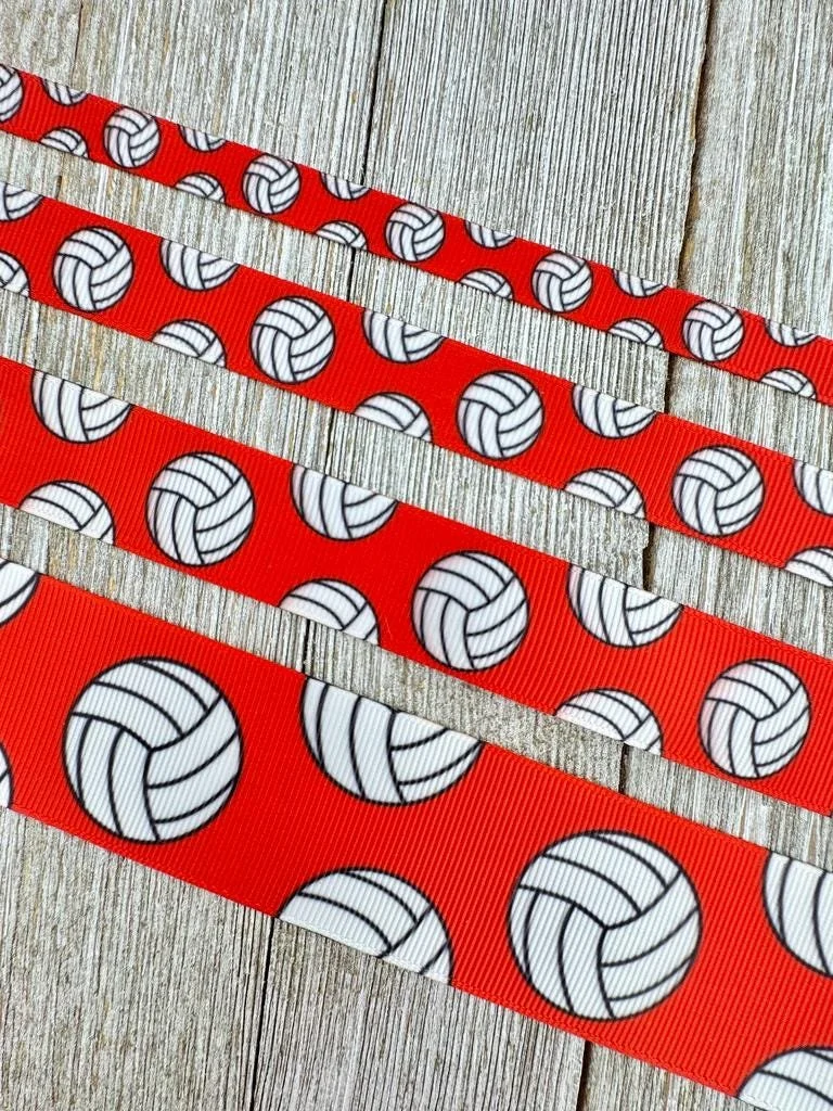 Volleyballs on Red Printed Grosgrain Ribbon - 3/8" - 5/8" -  7/8" - 1.5" - Luggage Tag - Cheer Bow - Award Ribbon - Sport Team Ribbon - Wrap