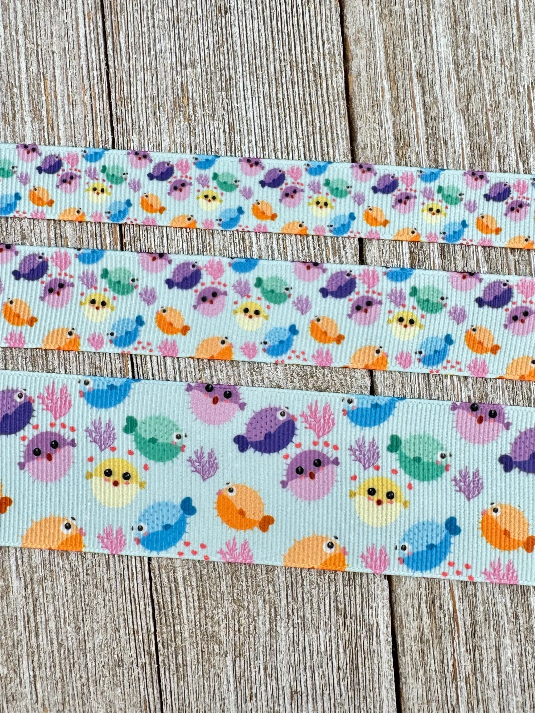 Cute Cartoon Puffer Fish On Blue Printed Grosgrain Ribbon: 5/8", 7/8", 1.5", Craft Ribbon, Gift Wrap, Luggage Tag - Bow - Party - Dog Collar