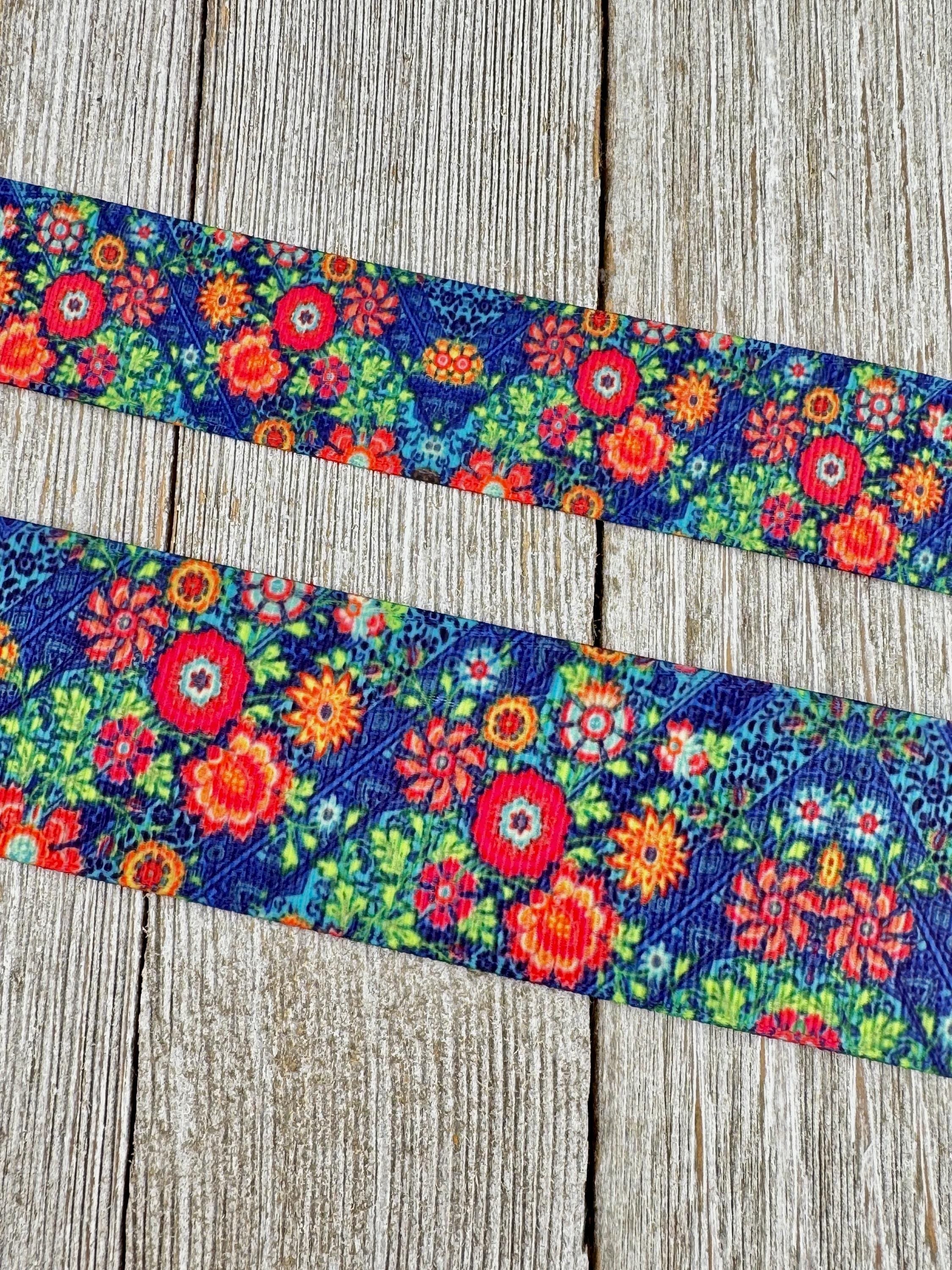 SALE! 5 Yards Bright Mexican Floral Denim Blue Grosgrain Printed Ribbon: 1", 1.5", Hair Bow, Dog Collar, Tag