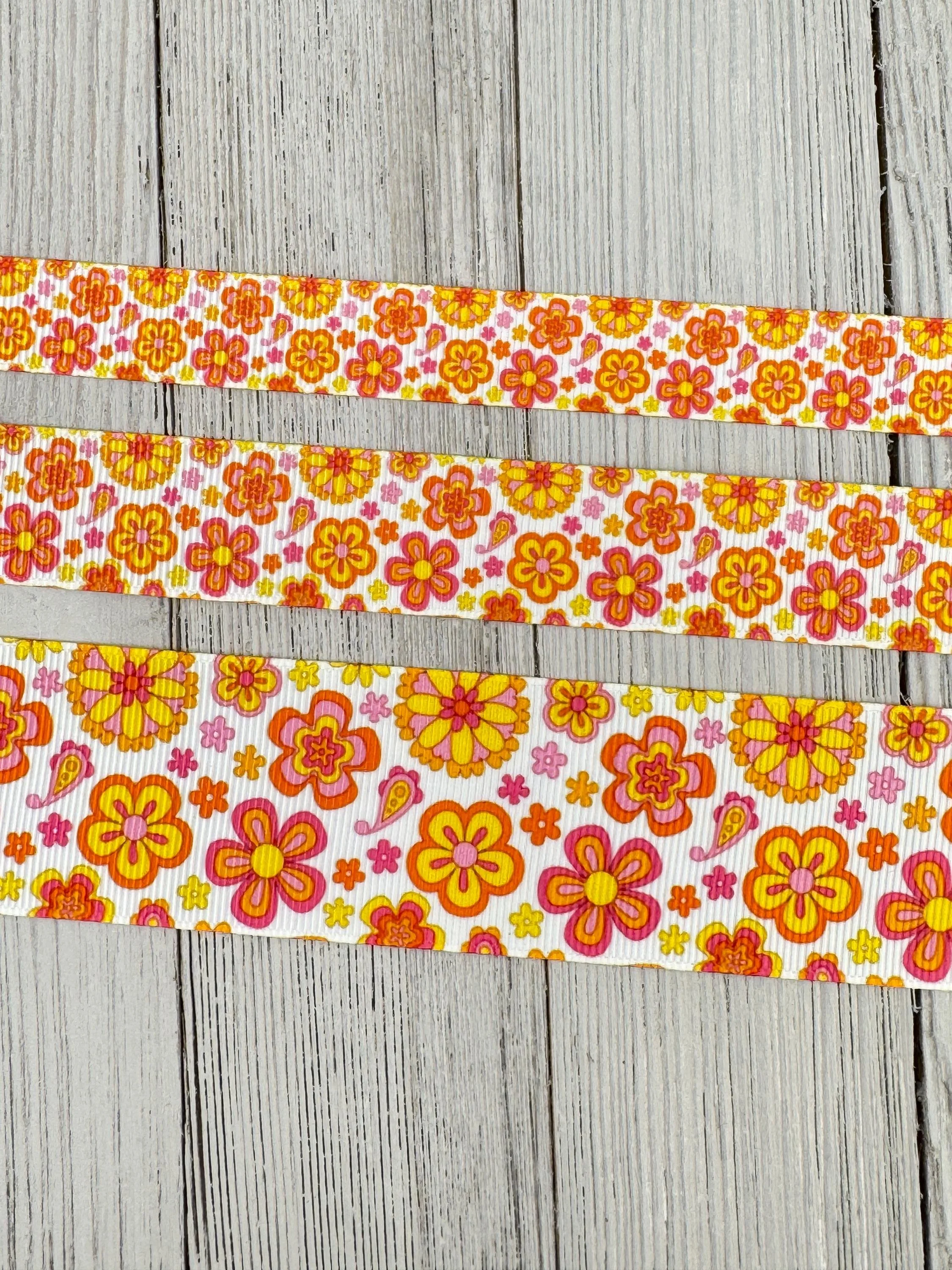 Pink, Orange & Yellow Retro Flower Printed On White Grosgrain Ribbon: 5/8", 7/8", 1.5"', Sew Notion, Hippie Costume, Dog Collar, Diaper Cake