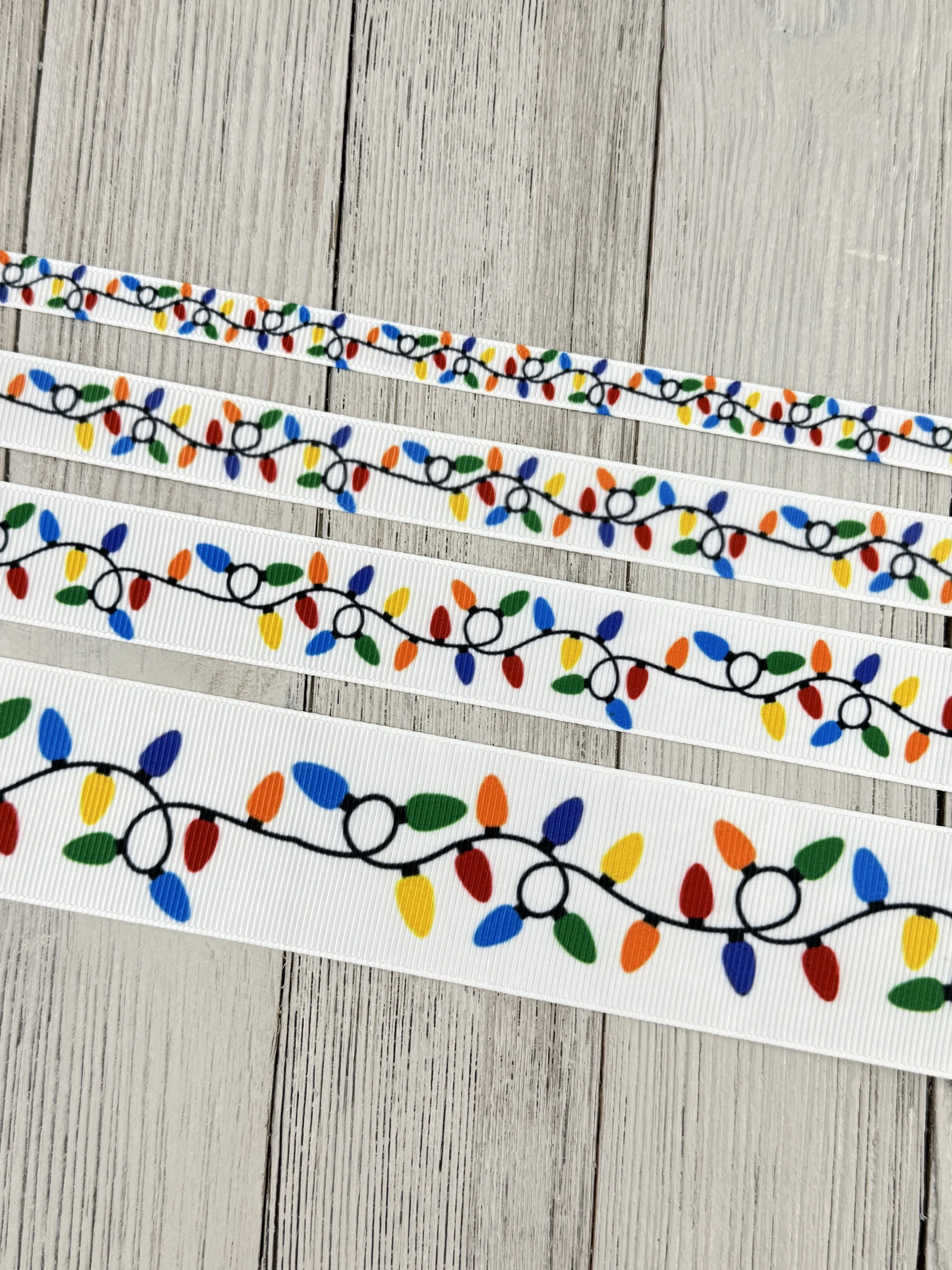 Bright Tree Lights On Grosgrain Printed Christmas Ribbon: 3/8”, 5/8", 7/8", 1.5", Holiday Decor, Gift Wrap, Hair Bow, Dog Collar