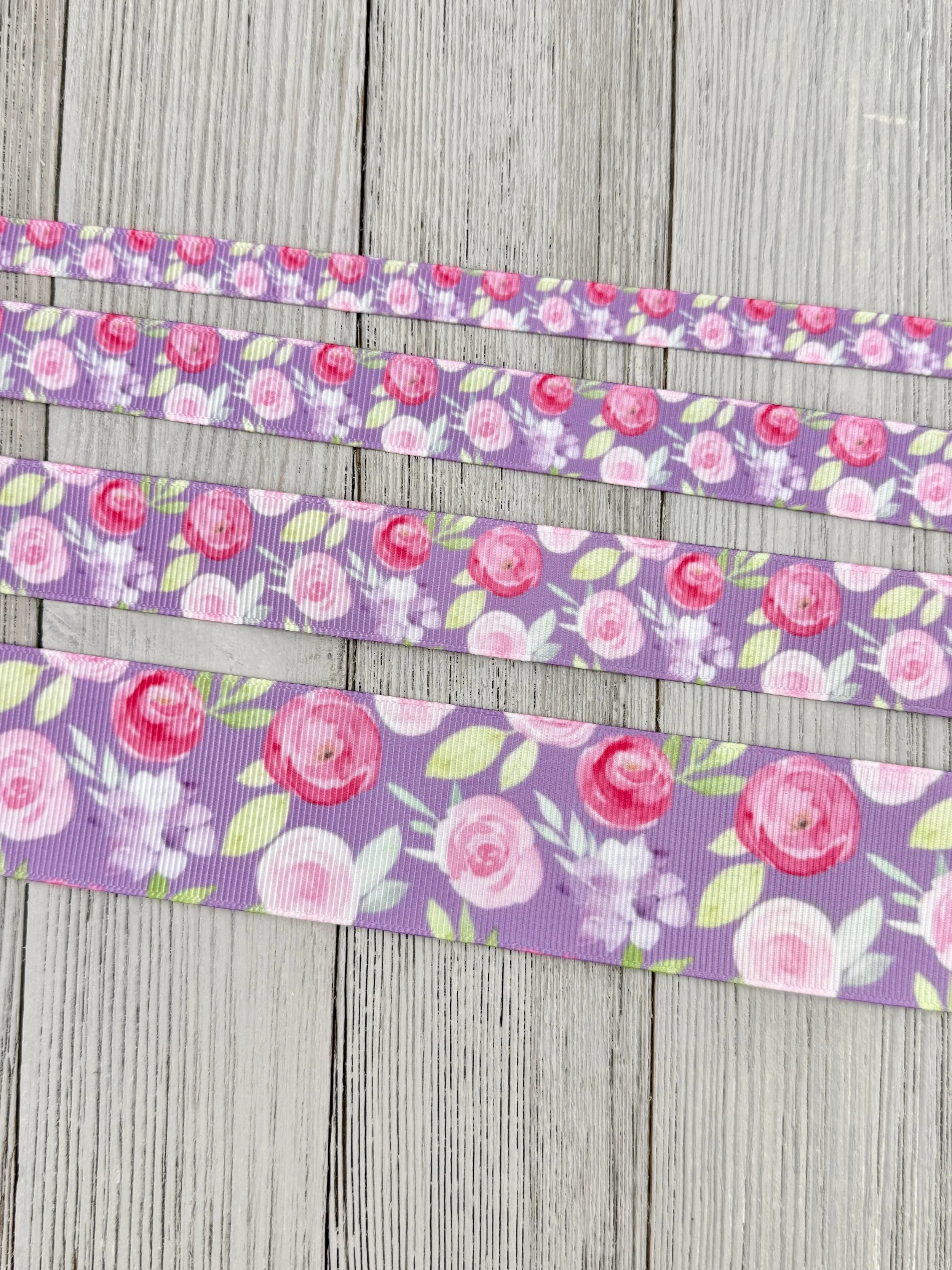 Lot 2 Pink & Purple Posies Grosgrain Printed Ribbon: 3/8”, 5/8”, 7/8”, 1.5”, Sewing Notions, Luggage Tag, Dog Collar, Key Fob, Hair Bow