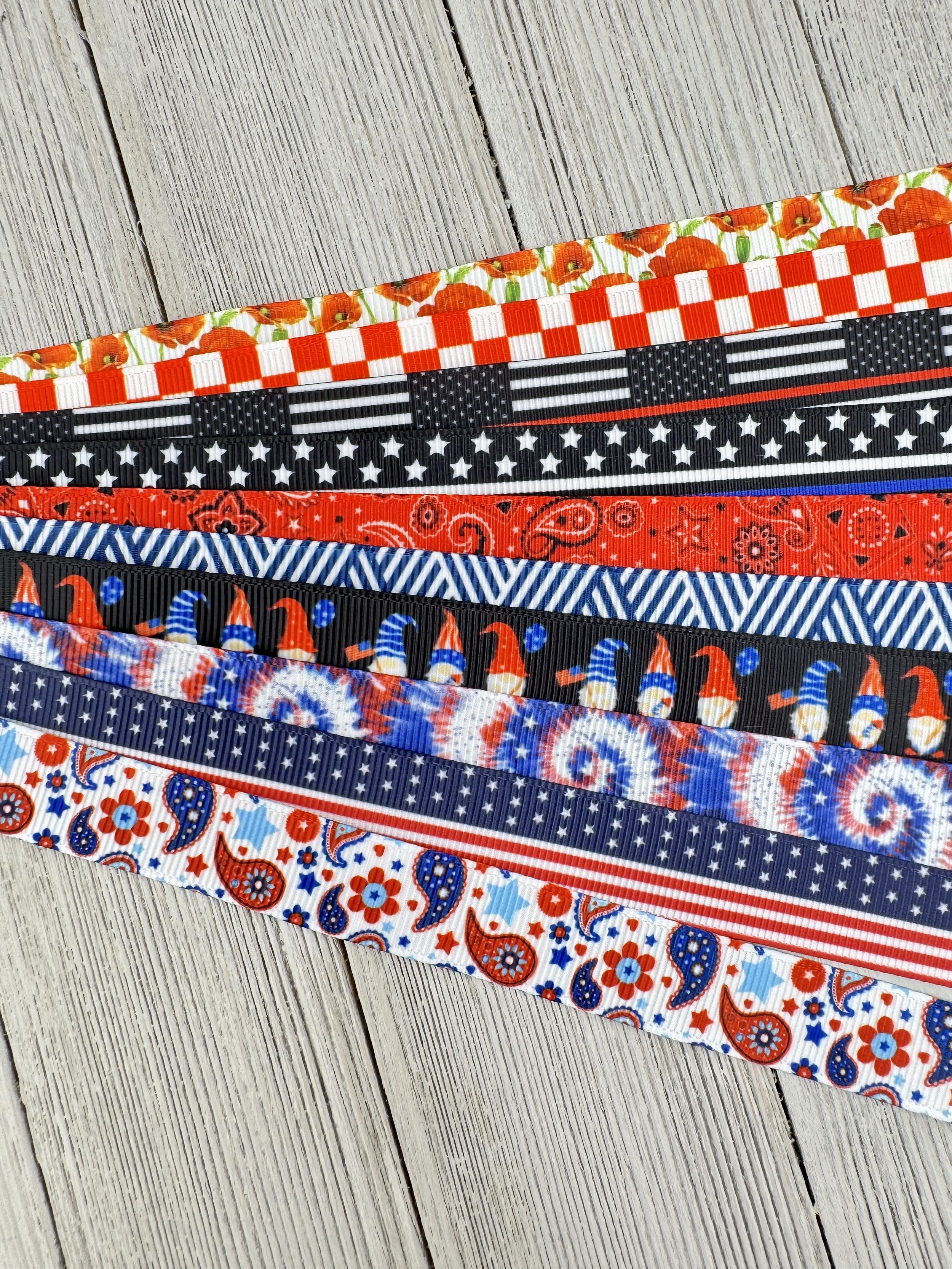 Get Exactly What You See! 10 x 1-Yard Cuts Assorted Grosgrain Printed Ribbon: 5/8", Patriotic Holiday, Luggage Tag, Hair Bow, Gift Wrap