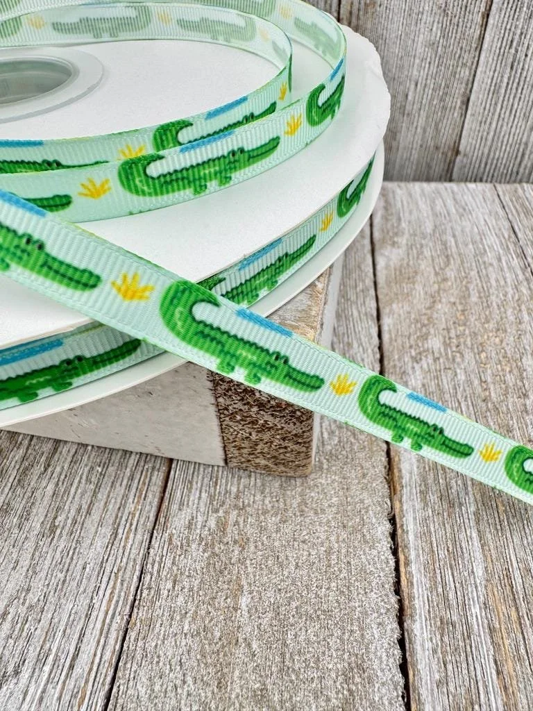 3/8" Out For A Stroll - Green Gators On Pale Blue Printed Grosgrain Ribbon - Gift Wrap- Hair Ribbon - Beach - Afterwhile Crocodile