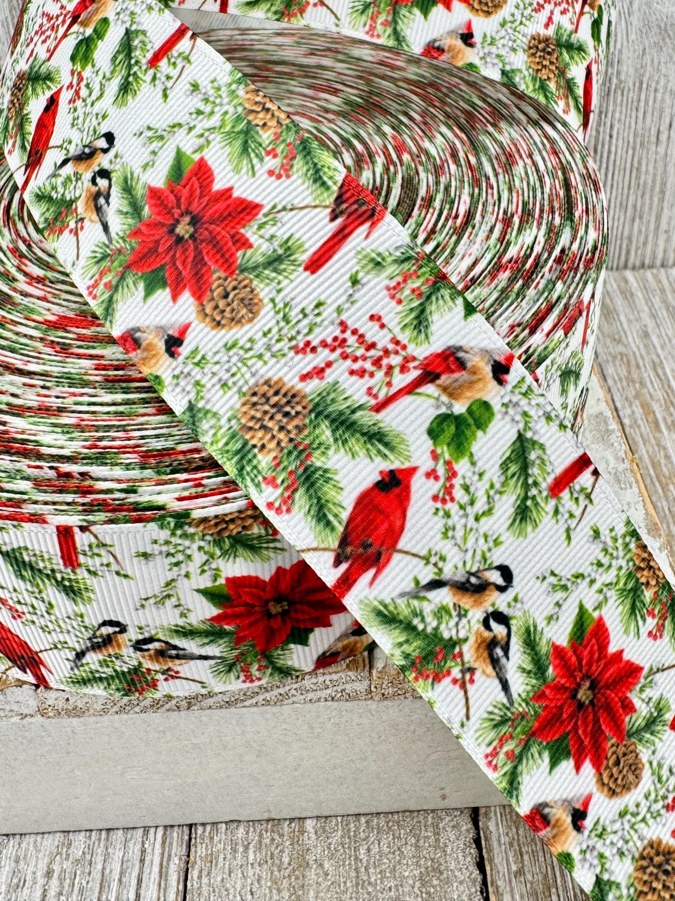 Sale! 5 Yards Winter Bird Cardinal Chickadee Poinsettia Holly Printed Grosgrain Ribbon, 1.5",  Craft  - Hair Bow, Gift Wrap