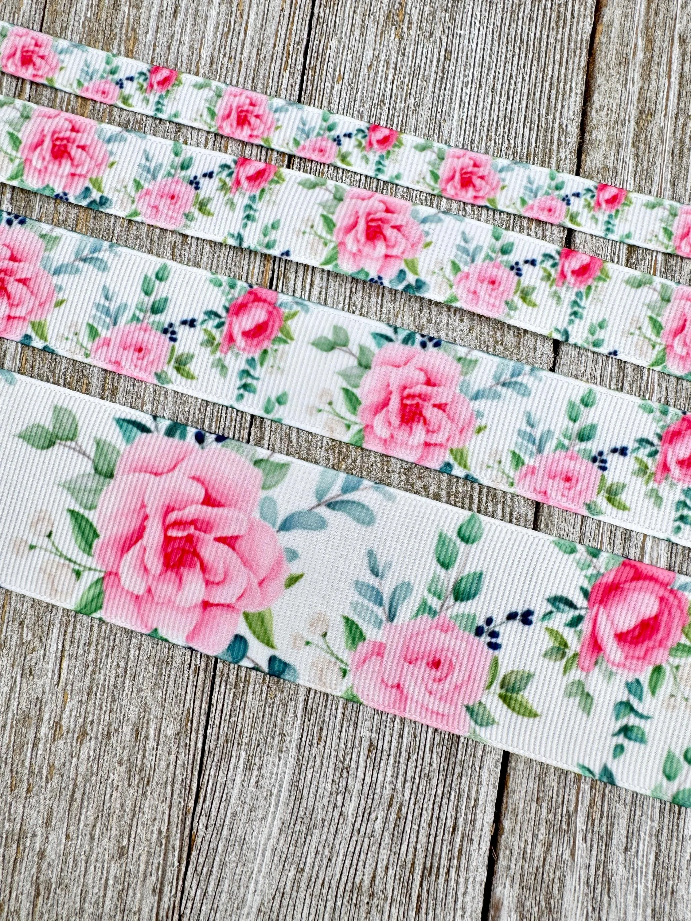 Pink Roses & Green Leaves Printed Grosgrain Ribbon -  3/8", 5/8", 7/8", 1.5", Sew, Craft, Wedding Shower, Luggage Tag - Bow - Gift Wrap
