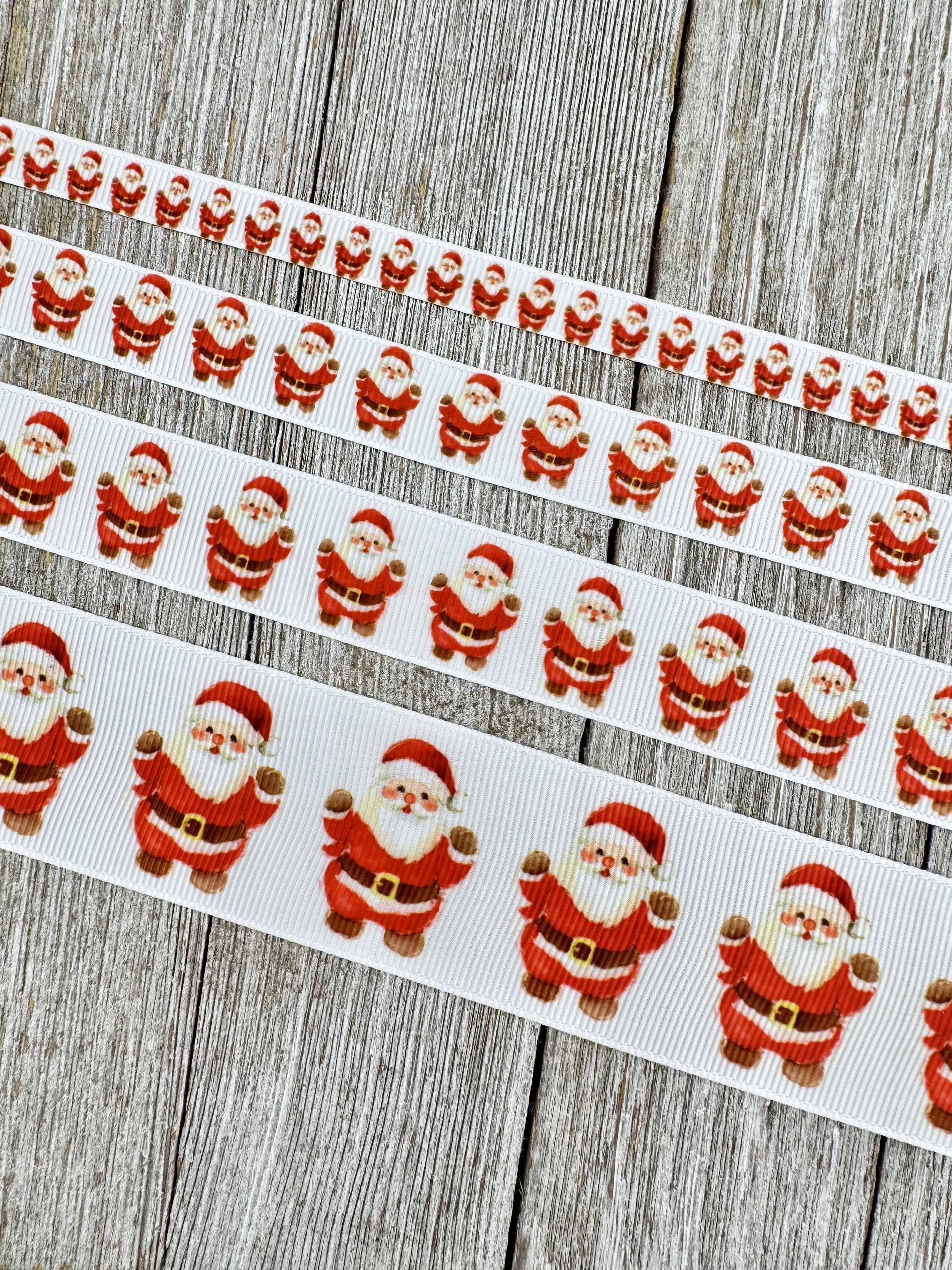 Cartoon Santa Claus Printed On White Grosgrain Ribbon: 3/8", 5/8", 7/8", 1.5"  - Craft - Holiday Decor - Hair Bow - Gift Wrap - Luggage Tag