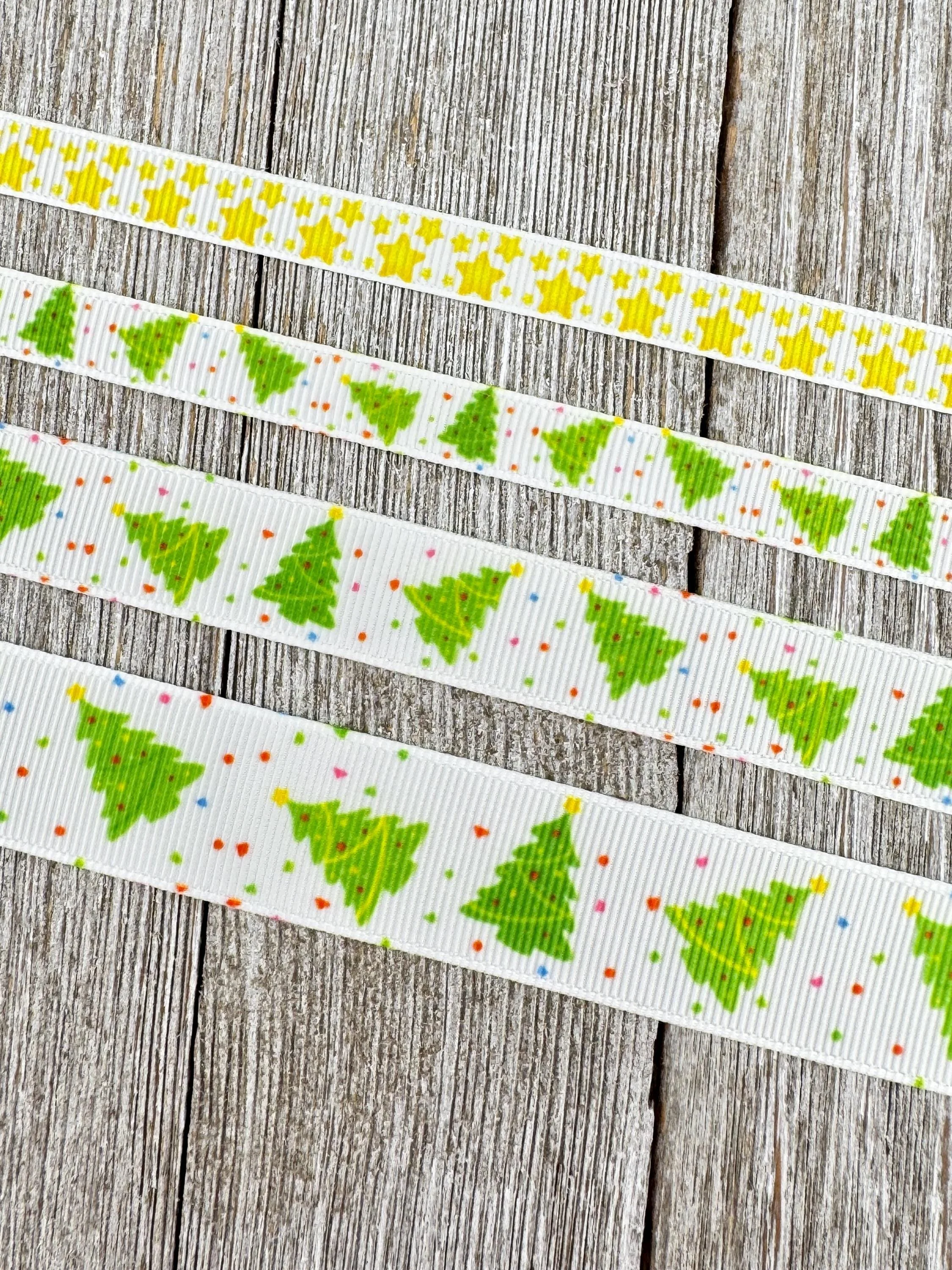 Christmas Trees & Dots Or Yellow Stars Christmas Printed Grosgrain Ribbon: 3/8", 5/8", 7/8"