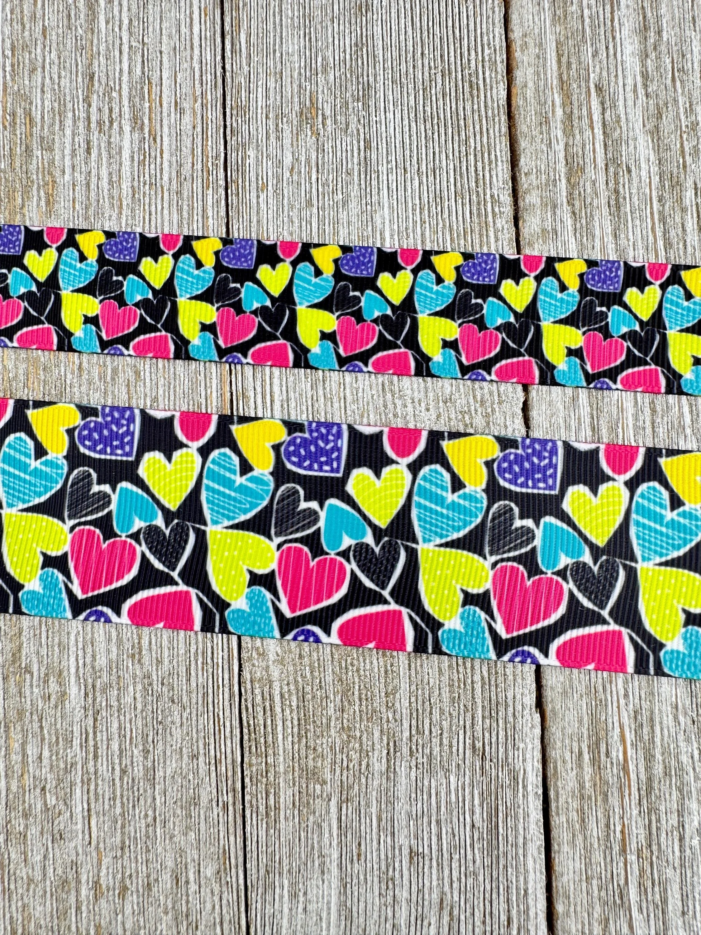 Bright Hearts On Black Background Printed Grosgrain Ribbon: 7/8", 1.5", Craft Ribbon, Valentine, Hair Bow, Gift Wrap, Luggage Tag