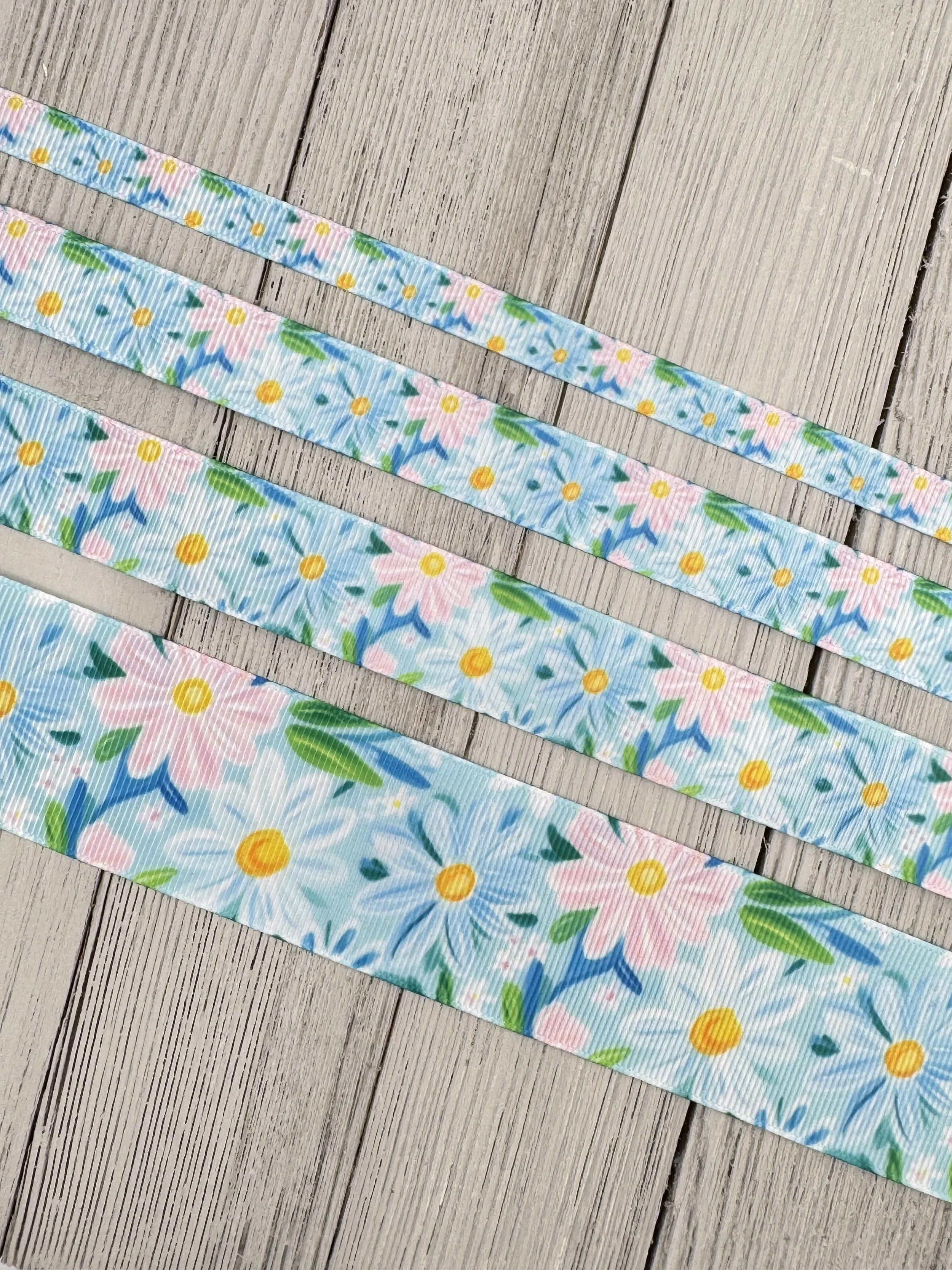 Blue & Pink Flowers Grosgrain Printed Ribbon: 3/8", 5/8", 7/8", 1.5", Gender Reveal, Hair Bow, Dog Collar, Luggage Tag, Gift Wrap, Wreath