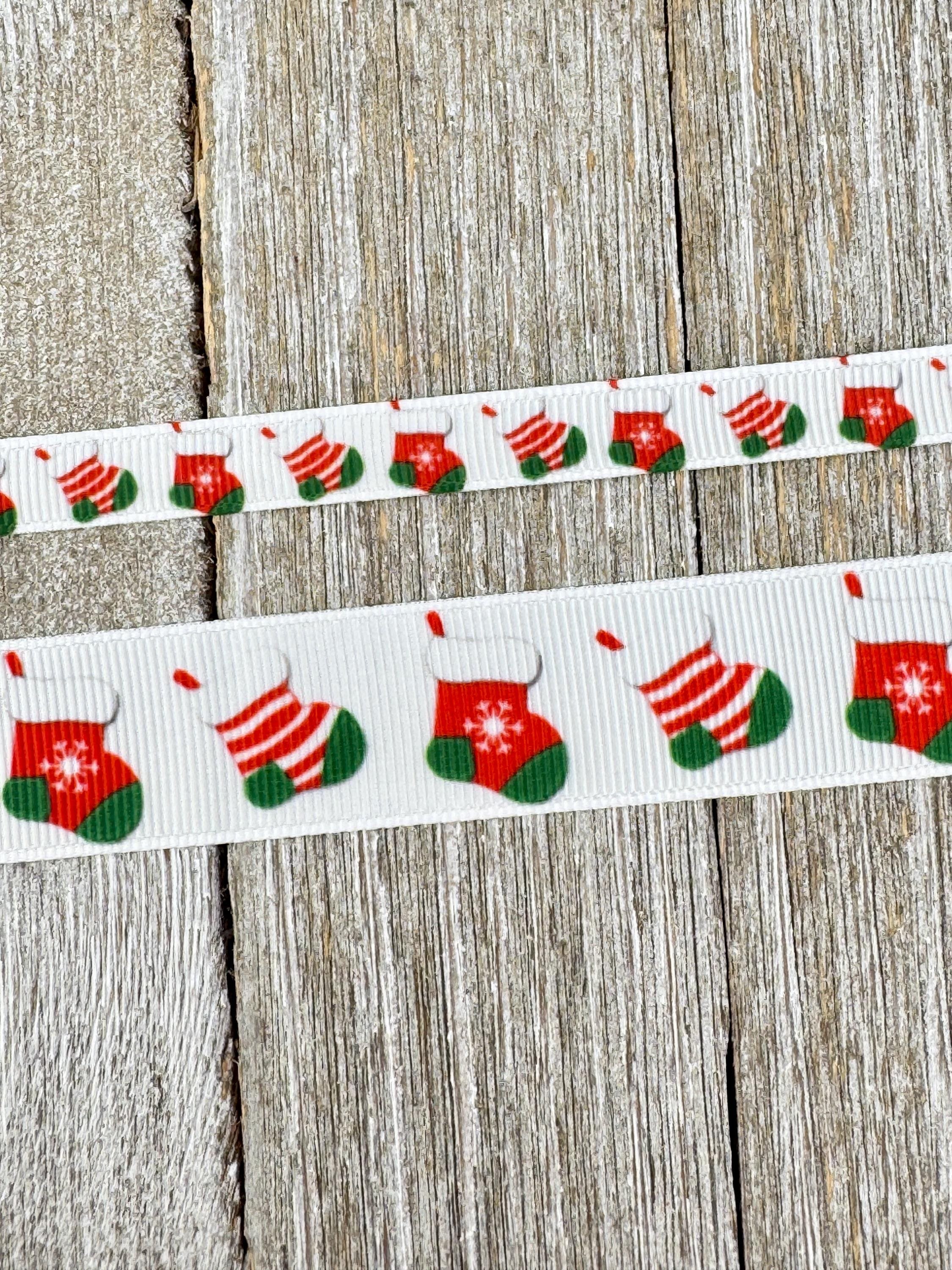 Holiday Stocking Printed Grosgrain Christmas Ribbon: 3/8", 7/8", Gift Wrap, Dog collar, Bow