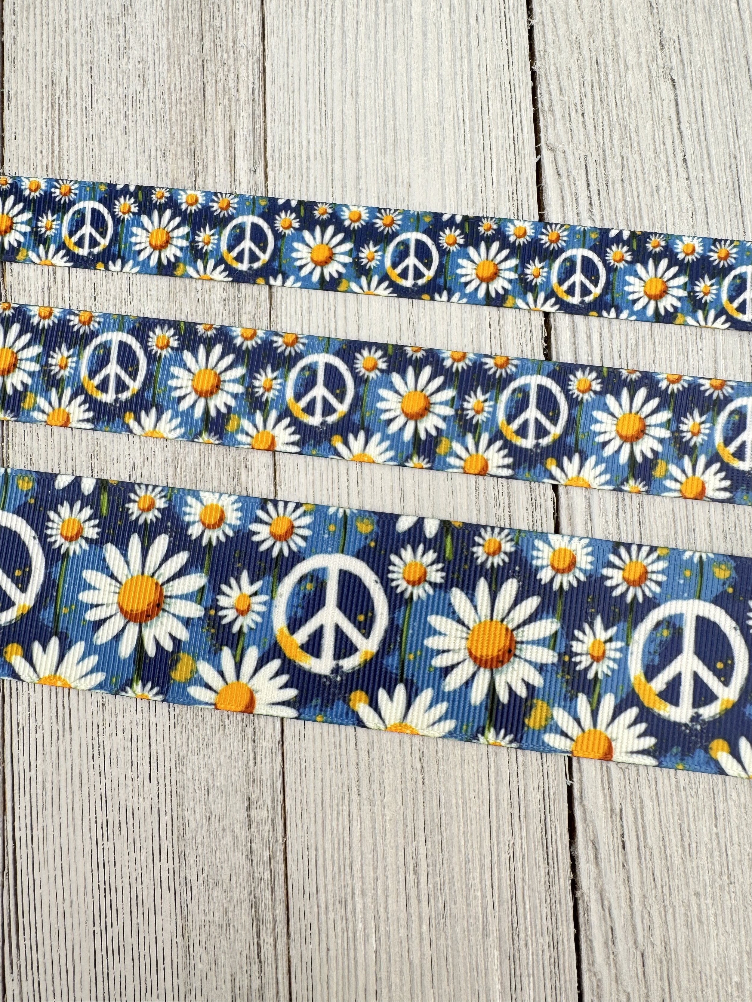 White Daisies & Peace Signs, Retro Hippie Printed Grosgrain Ribbon: 5/8", 7/8", 1.5", Hair Bow, Hat Band, Bag Tag, Key Fob, Costume