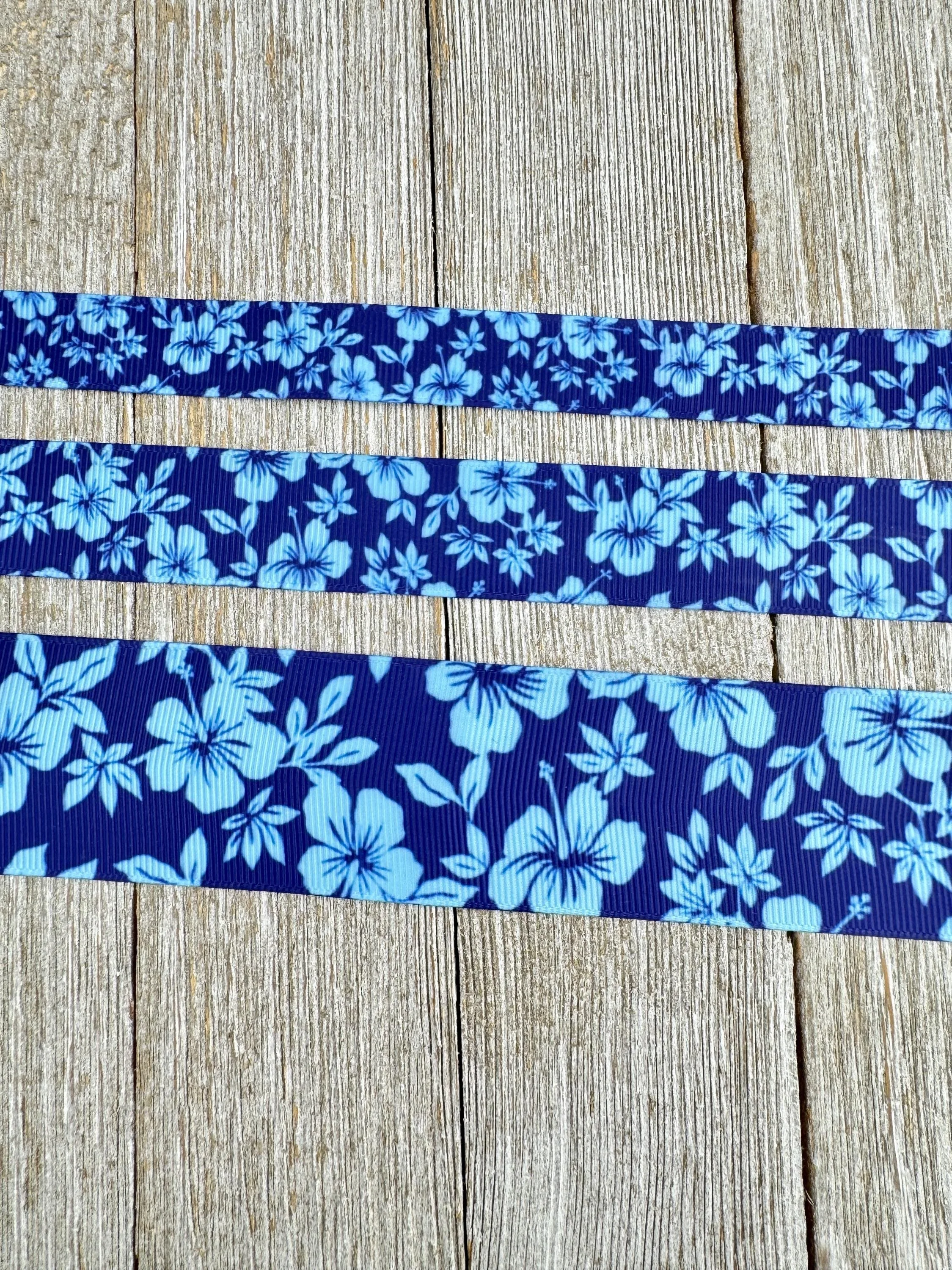 Blue Tropical Floral Hibiscus On Blue Printed Grosgrain Ribbon 5/8" - 7/8" - 1.5": Sew - Craft - Decor- Hair Bow - Tag - Party - Dog Collar
