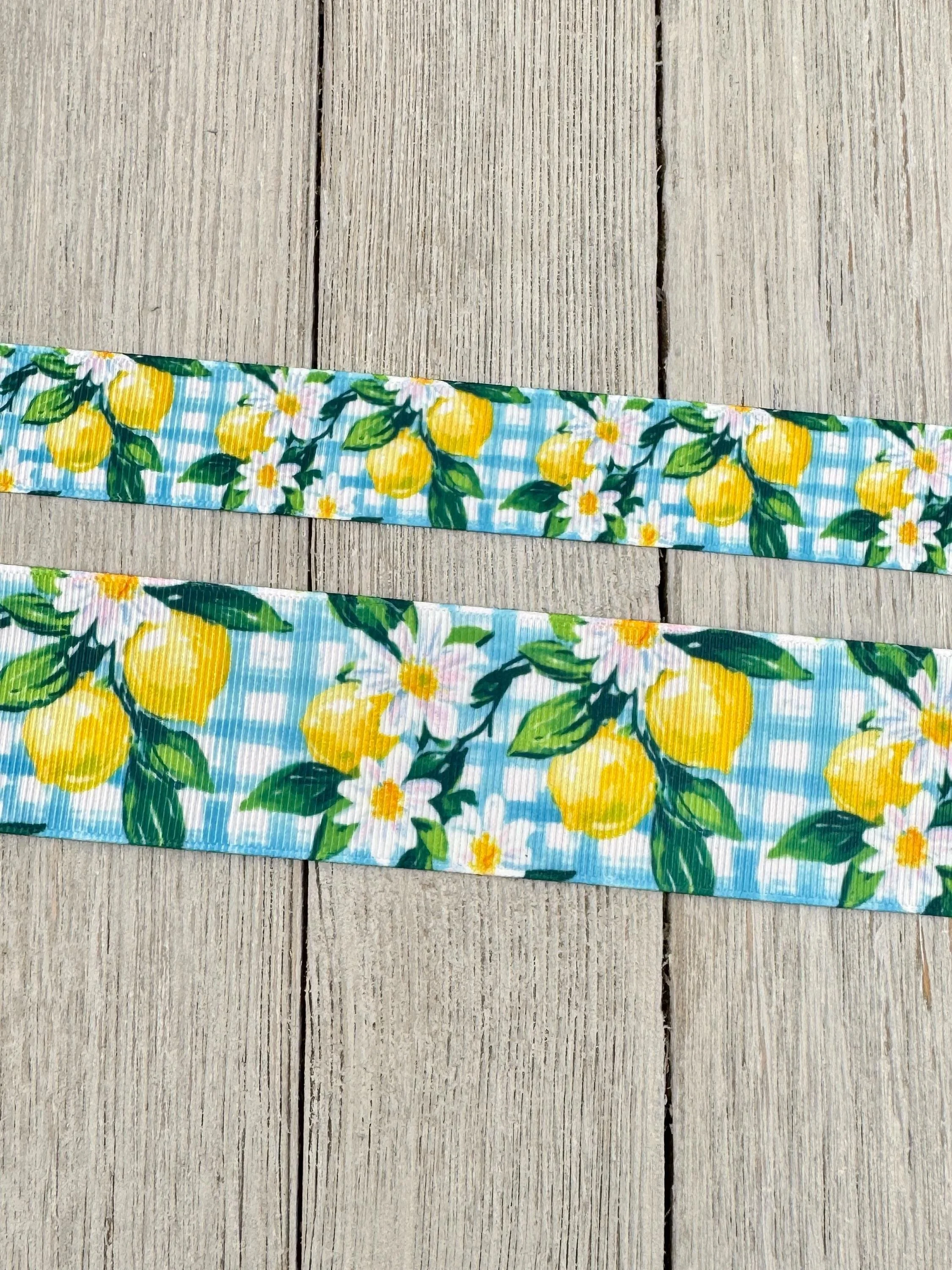 Lemons & Blossoms On Blue Plaid Grosgrain Printed Ribbon: 7/8", 1.5", Hair Bow, Key Fob, Baking Label, Wrap